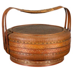 Vintage Chinese Woven Rattan Covered Basket with Painted Decoration