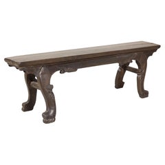 Chinese Circa 1900 Dark Brown Carved Wood Bench with Cabriole Legs