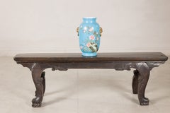 Chinese Circa 1900 Dark Brown Carved Wood Bench with Cabriole Legs