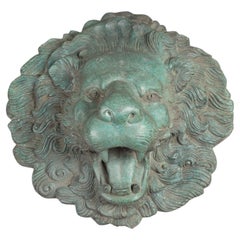Vintage Heraldic Cast Bronze Lion Head Wall Fountain with Verdigris Patina
