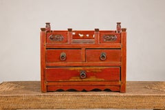 Mid-20th Century Chinese Red Lacquer Jewelry Box with Carved Panels
