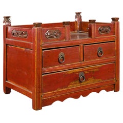Mid-20th Century Chinese Red Lacquer Jewelry Box with Carved Panels