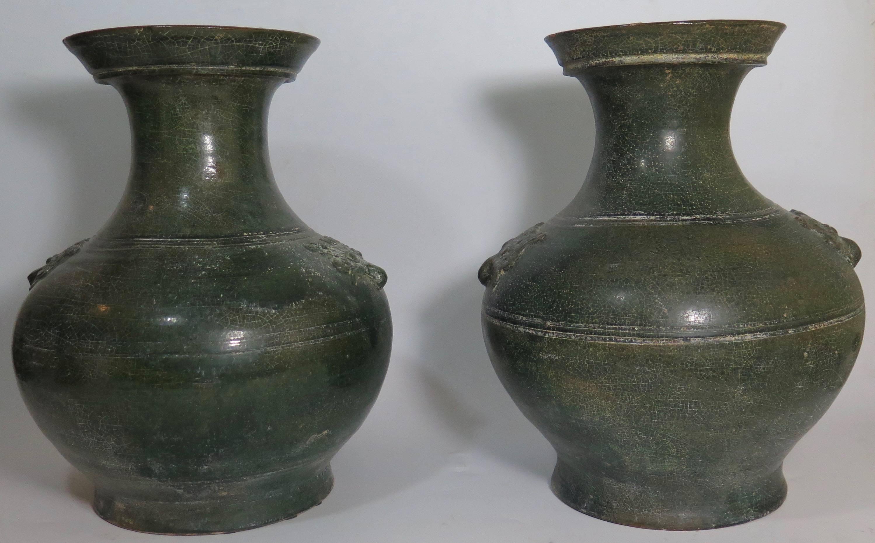 Pair of Large Beautiful Green Han Dynasty Urns In Good Condition In Montecito, CA