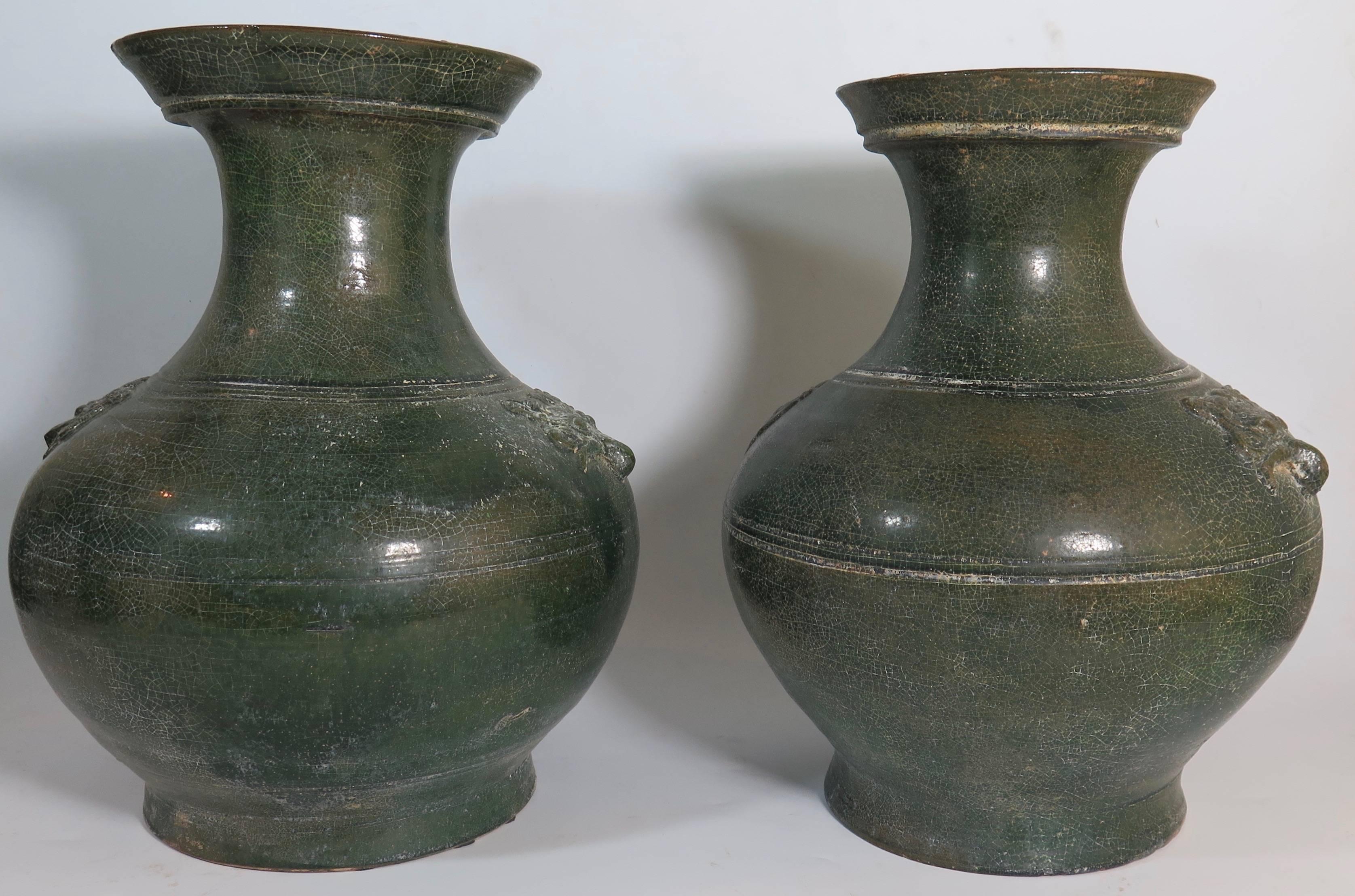 18th Century and Earlier Pair of Large Beautiful Green Han Dynasty Urns