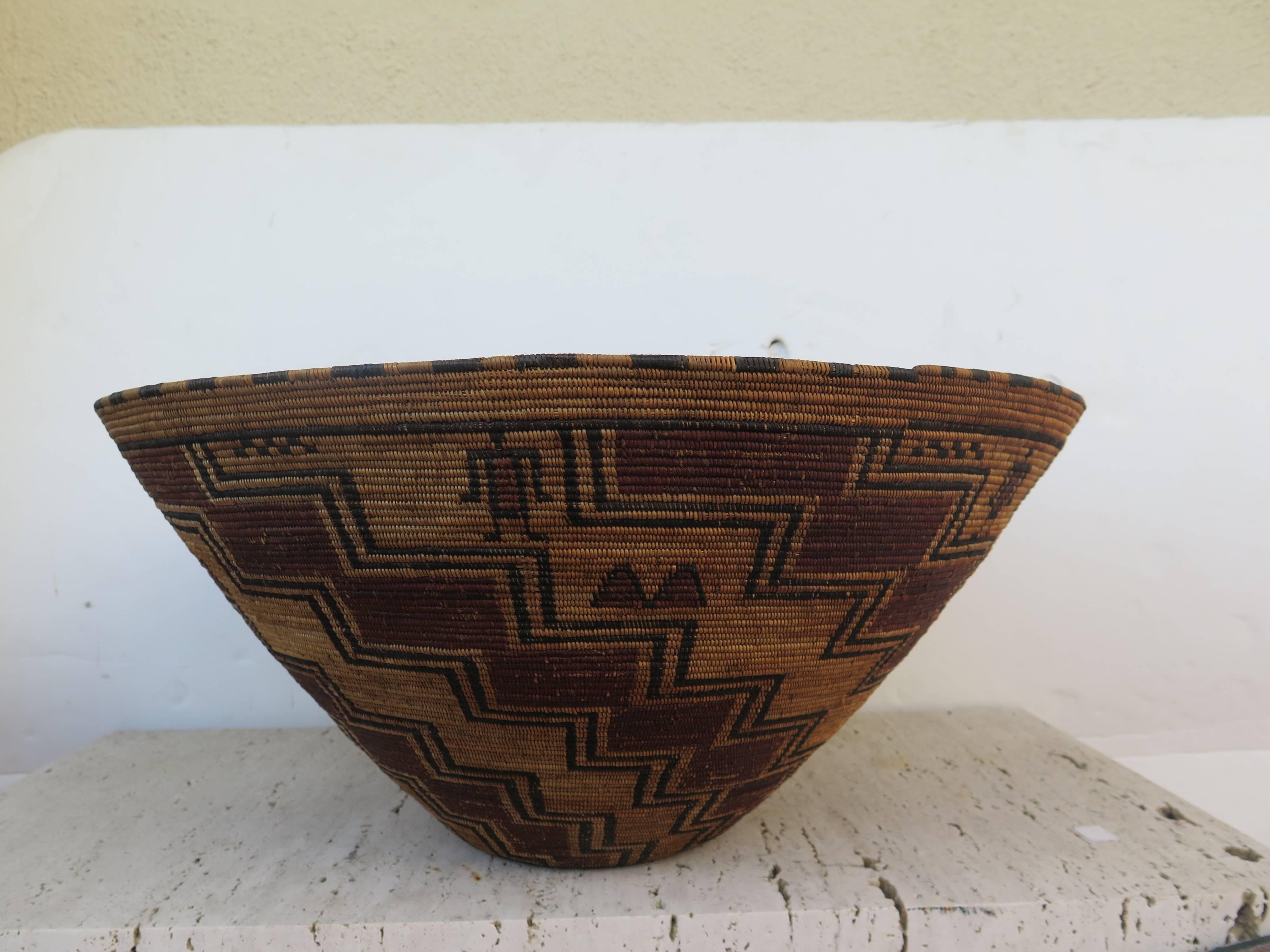 Extremely fine, early, tubatulabal basket, circa 1880. Bird quill woven into design. Willow, sedge and bracken fern.