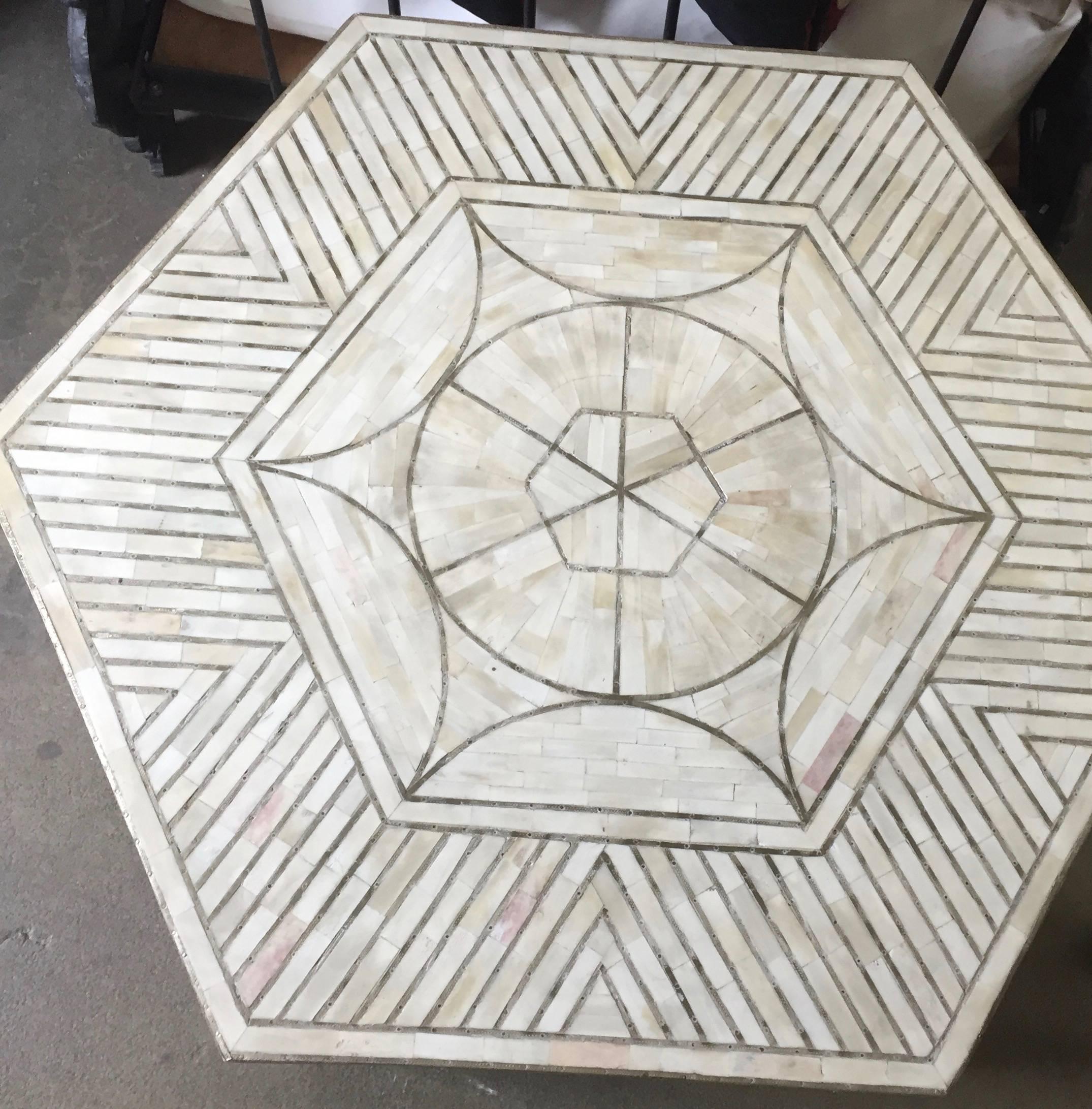 Bone and brass geometric cocktail table with brass inlay in geometric design. Haskell Antiques