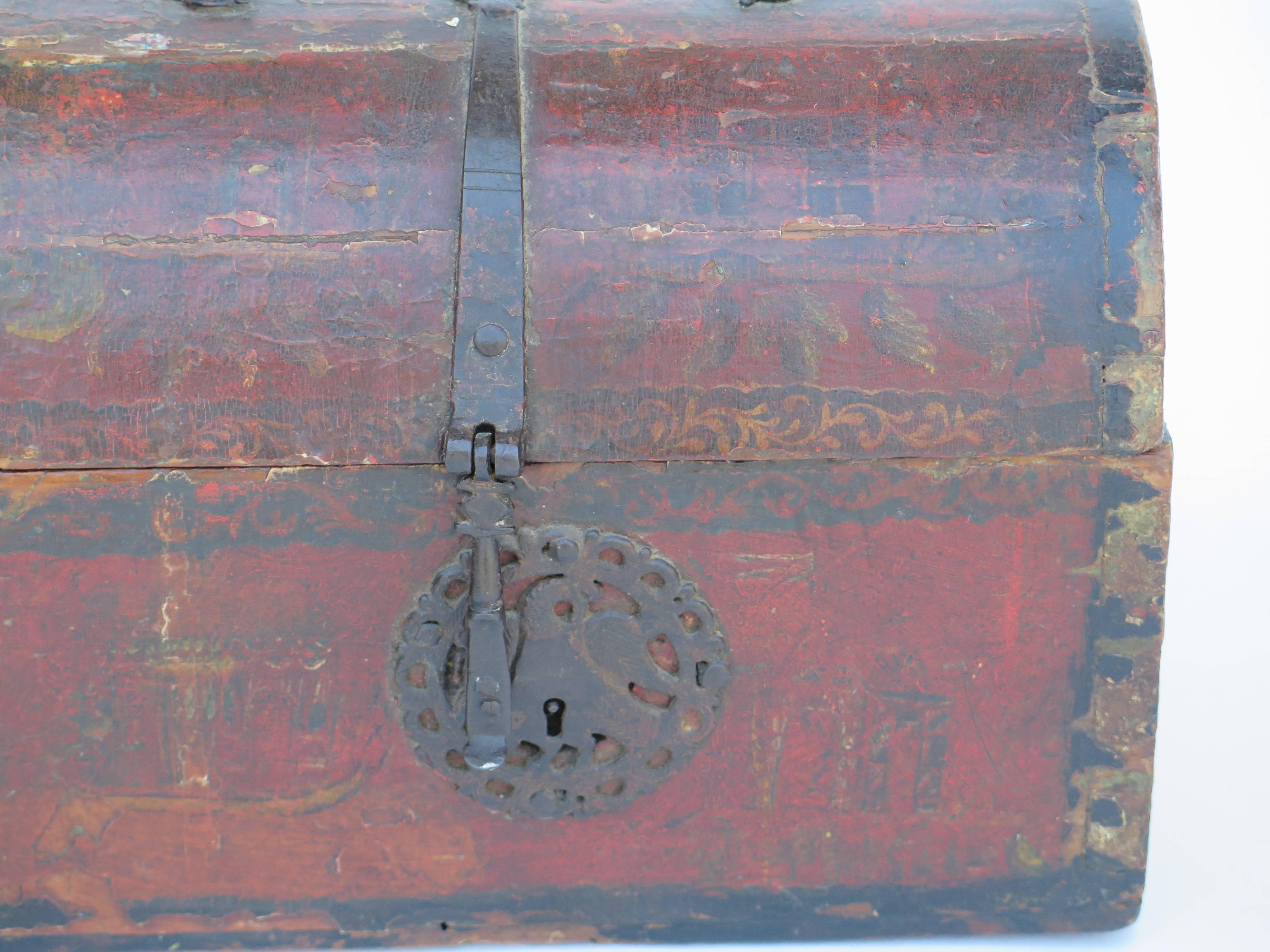 Very early and fine Mexican lacquerware box, circa 1760. Original iron hardware. Haskell Antiques. 