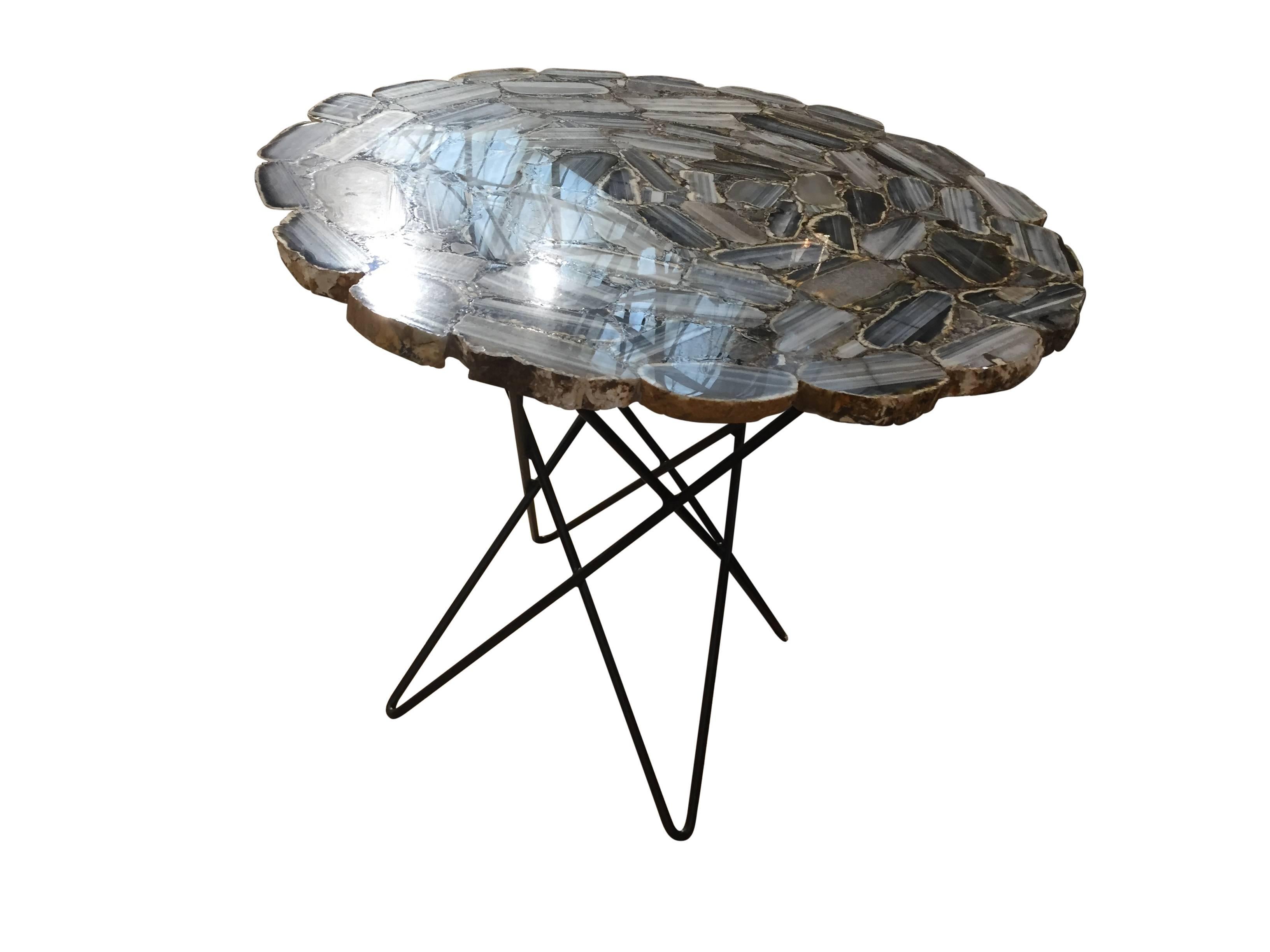 Agate side or end table with agate sliced and pieced together with custom steel base.