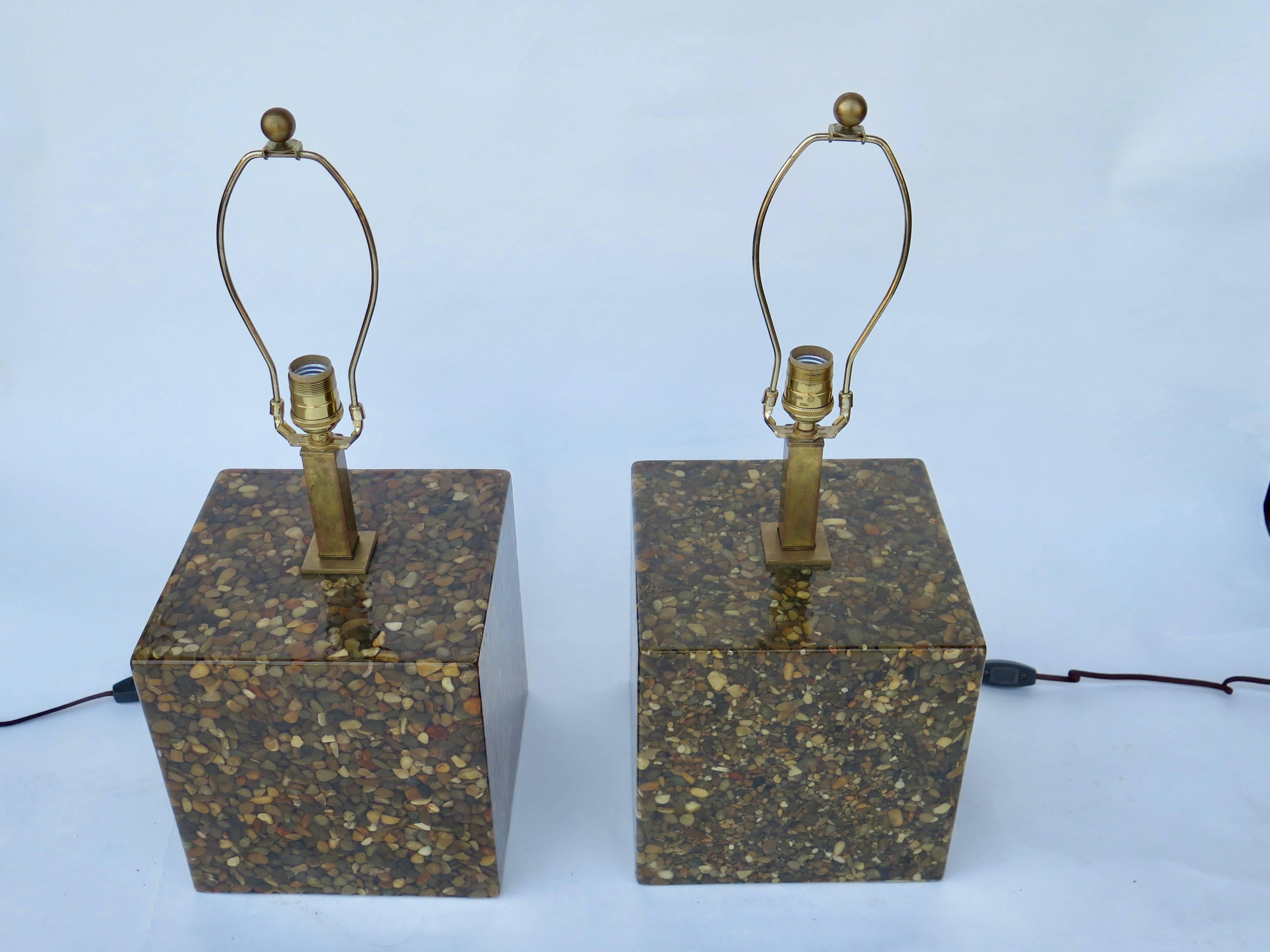 Pair of lamps with pebbles in epoxy. Brass hardware. Haskell Antiques. 