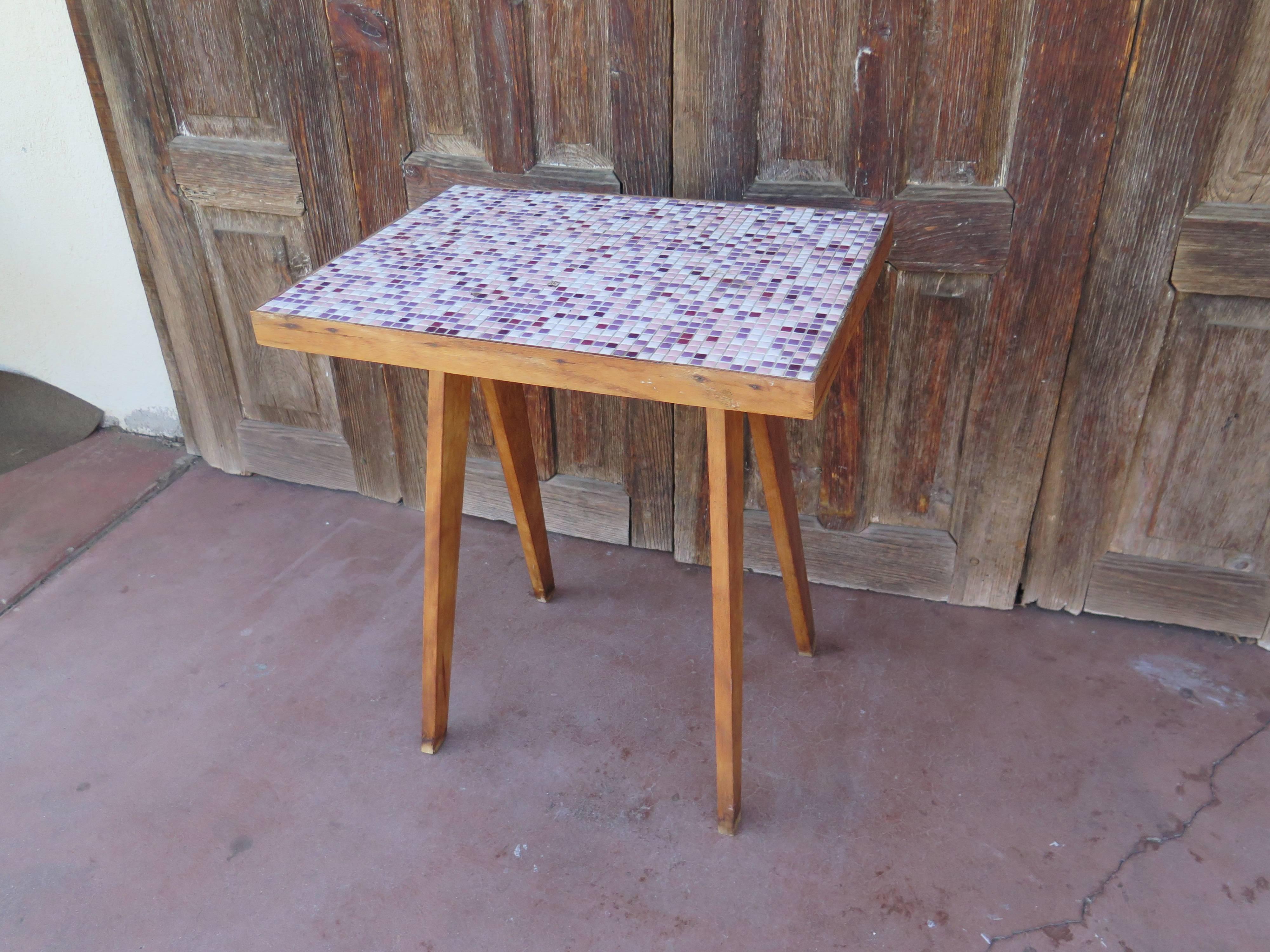 French Tile Top Pink Side Table, Midcentury In Good Condition In Montecito, CA