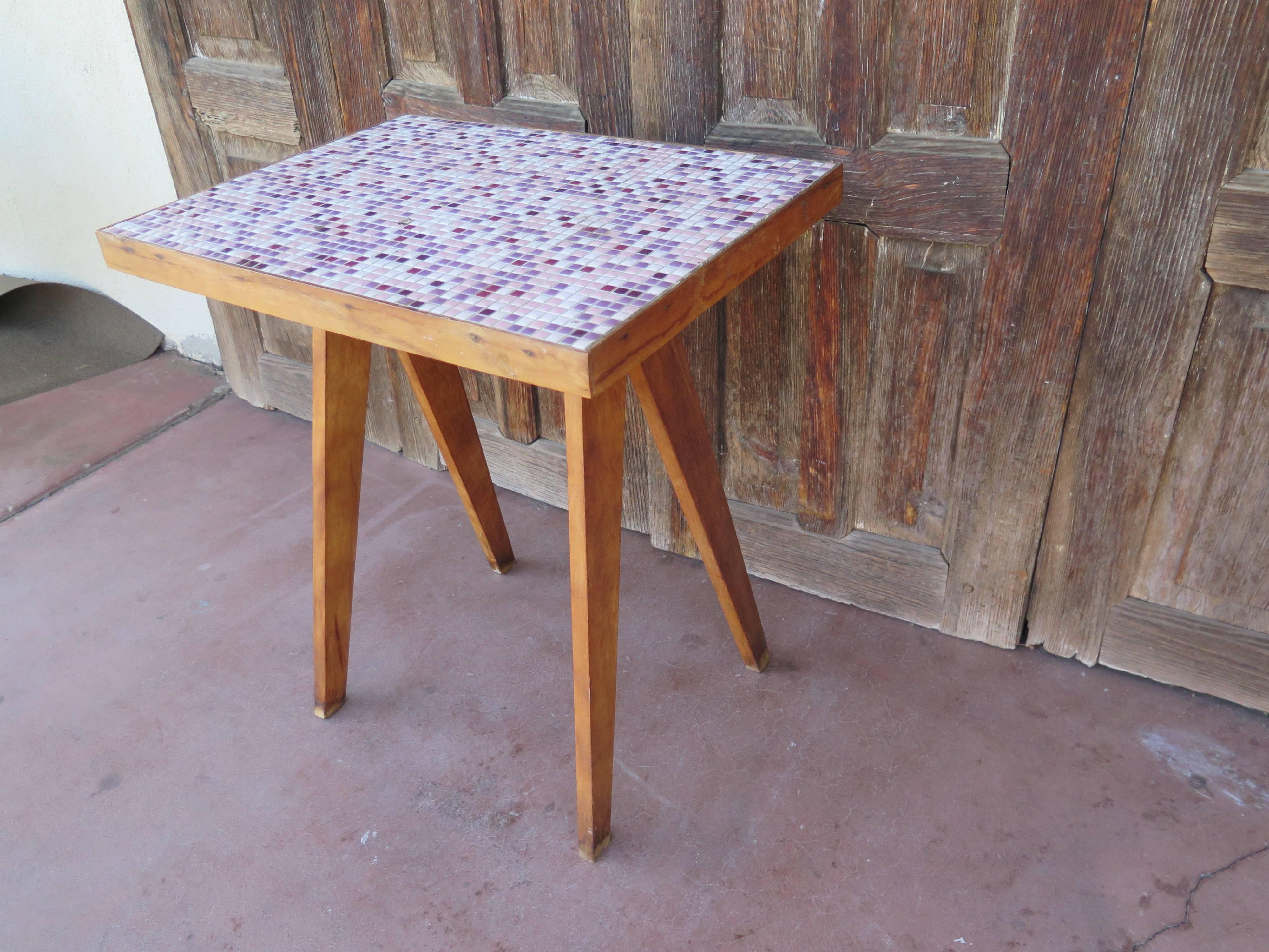 French Tile Top Pink Side Table, Midcentury 1