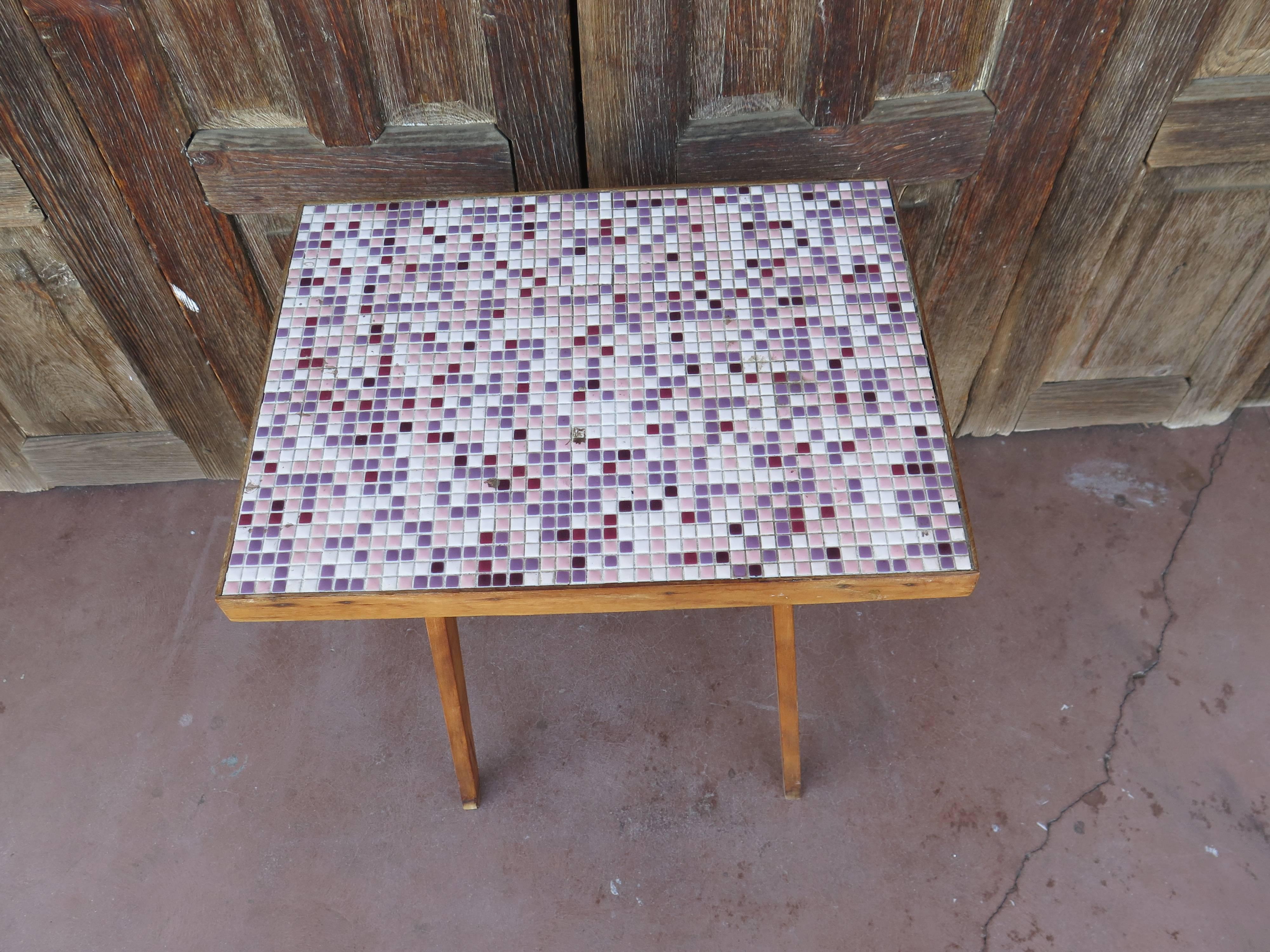 20th Century French Tile Top Pink Side Table, Midcentury