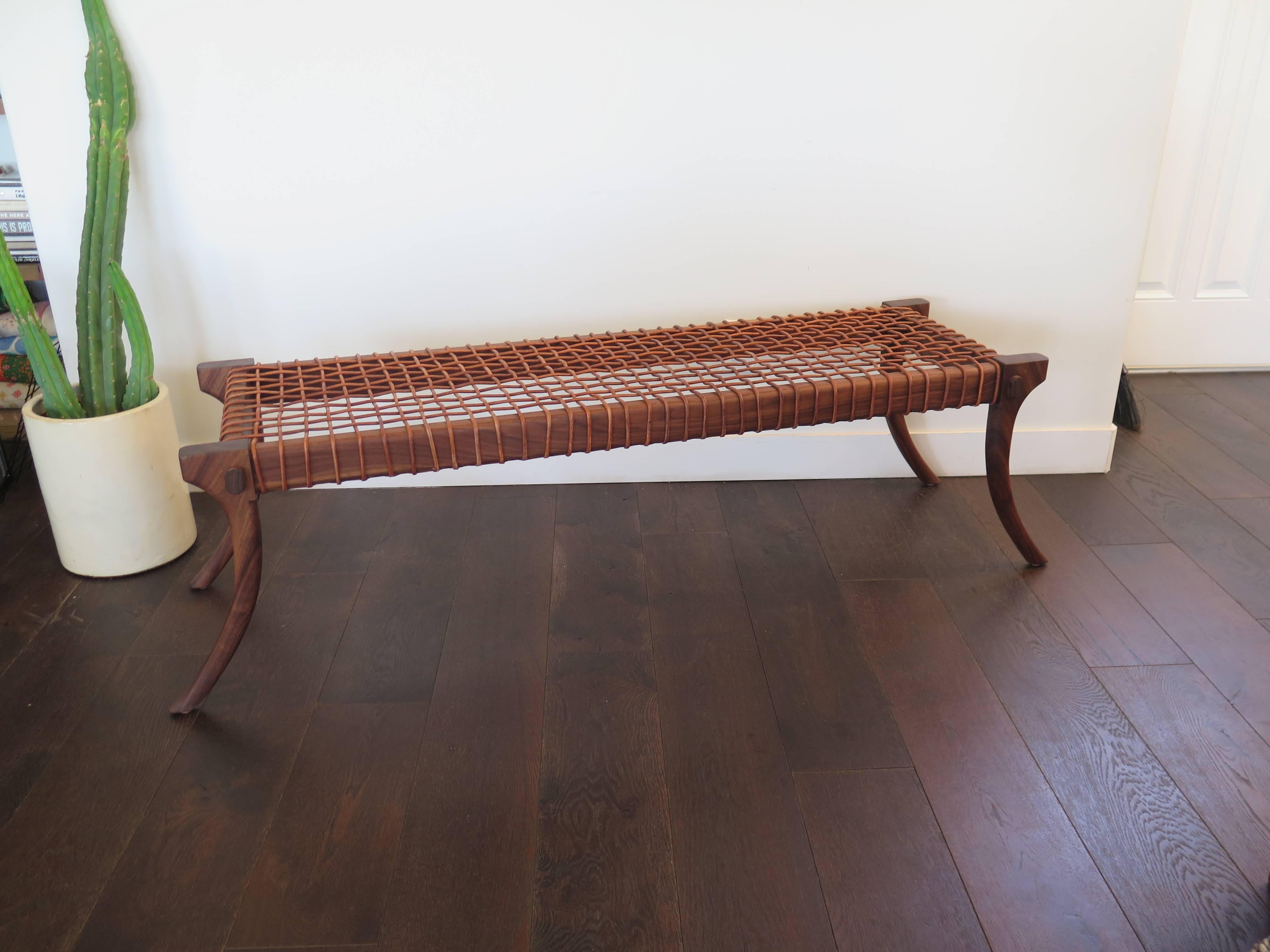 The Lola bench with leather cord strapping. Klismos Legs. Can be customized. Made-to-order.