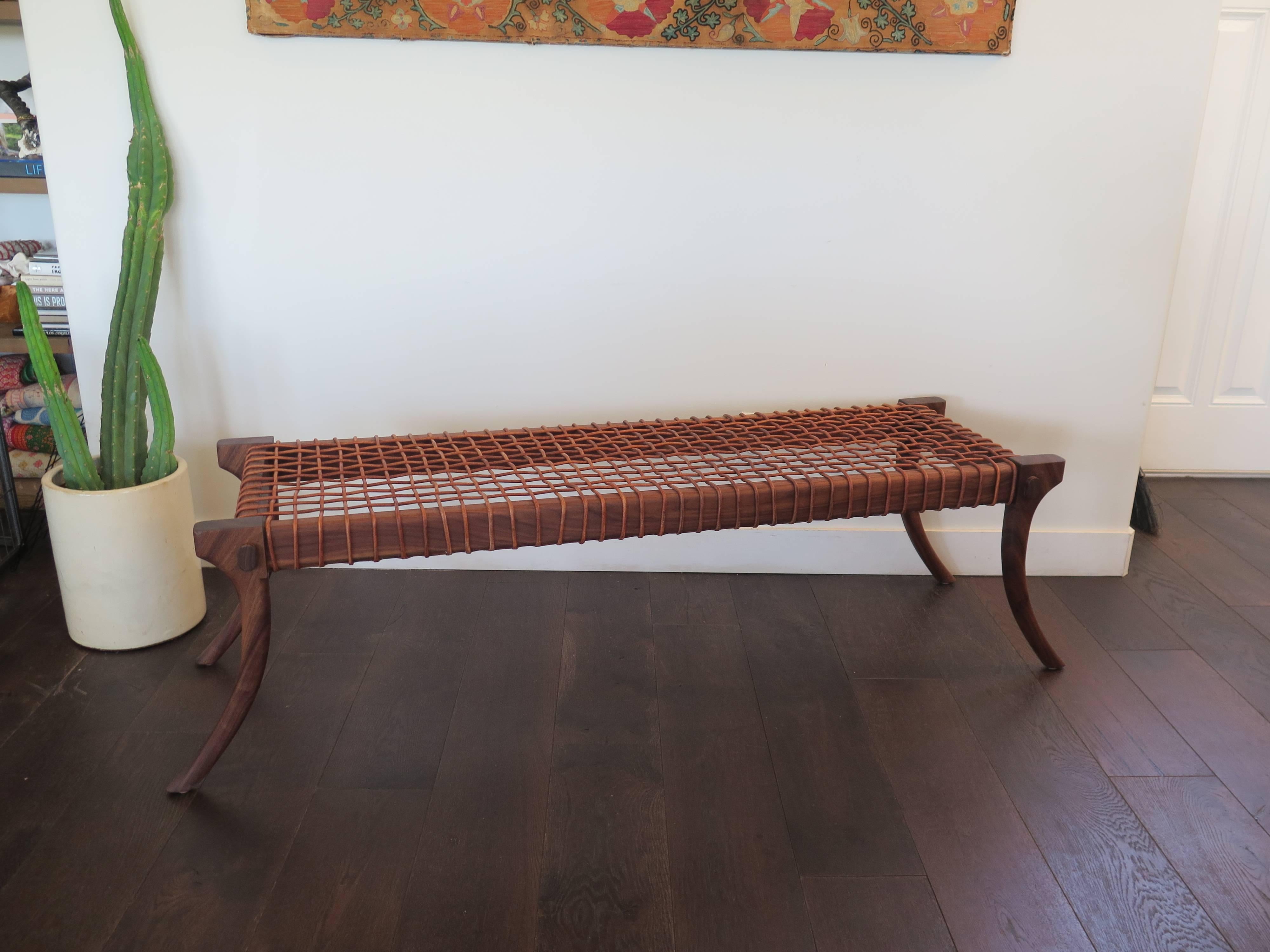 Haskell Studio Lola Bench Coffee Table in Walnut with Leather Cord Strapping In Excellent Condition In Montecito, CA