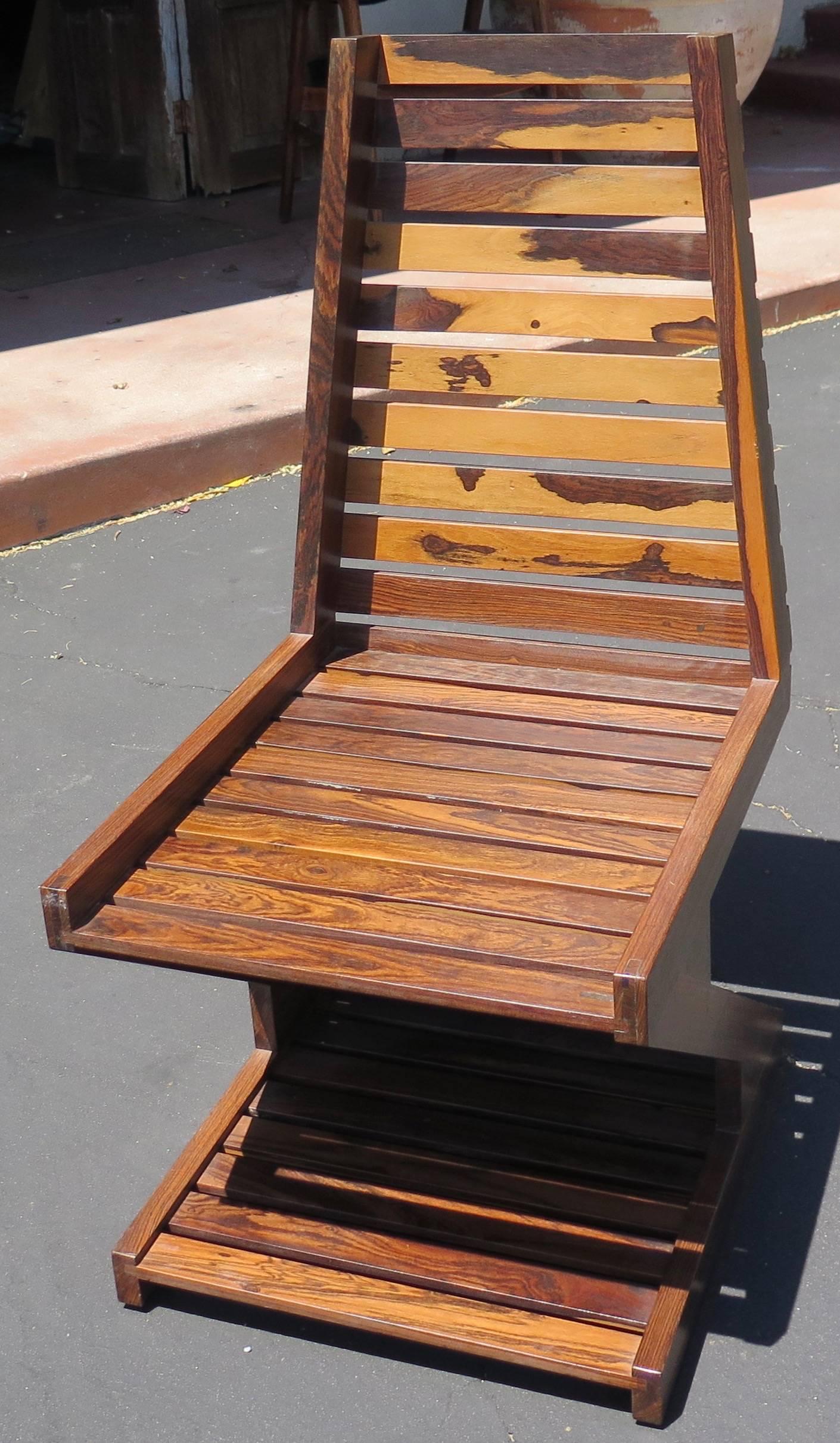 Very rare set of six  dining chairs by Mexican modernist Don Shoemaker in cocobolo wood. They came with upholstered cushions. Can add custom upholstery.