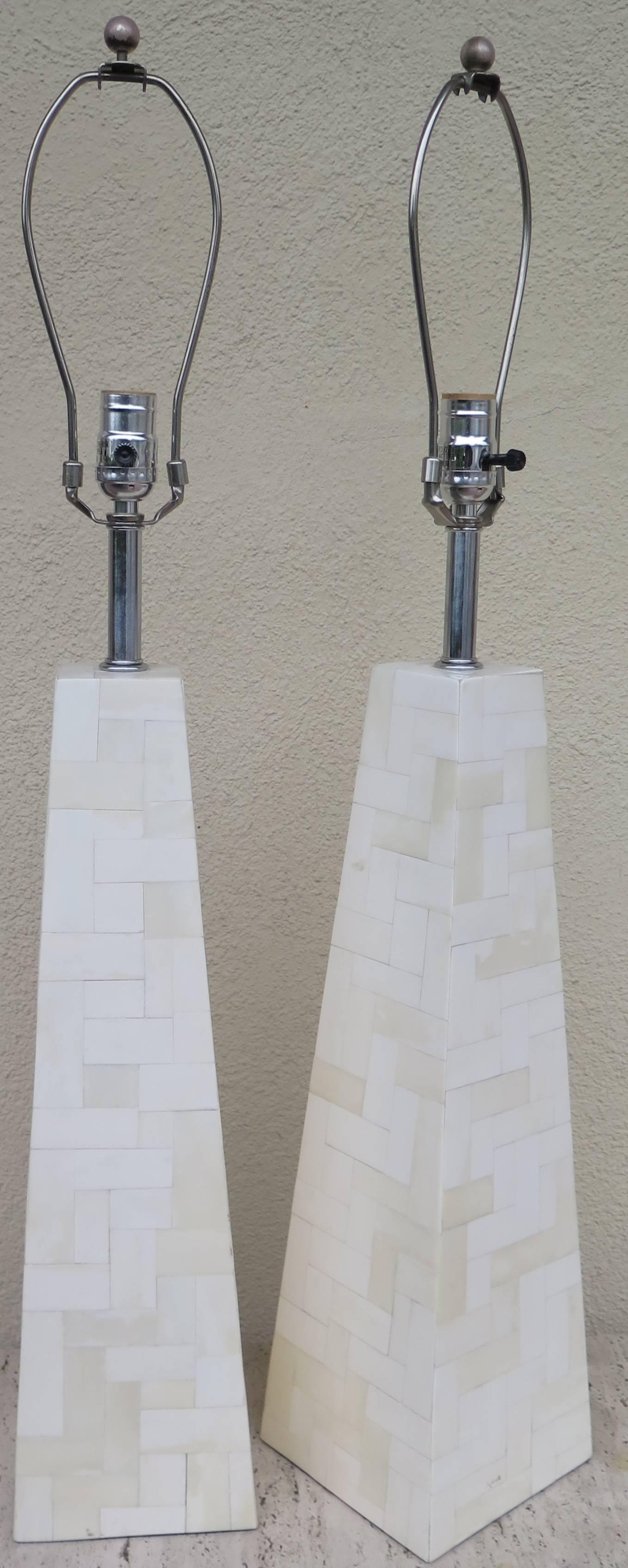 Very cool pair of tessellated bone lamps. Shown without shade. 20