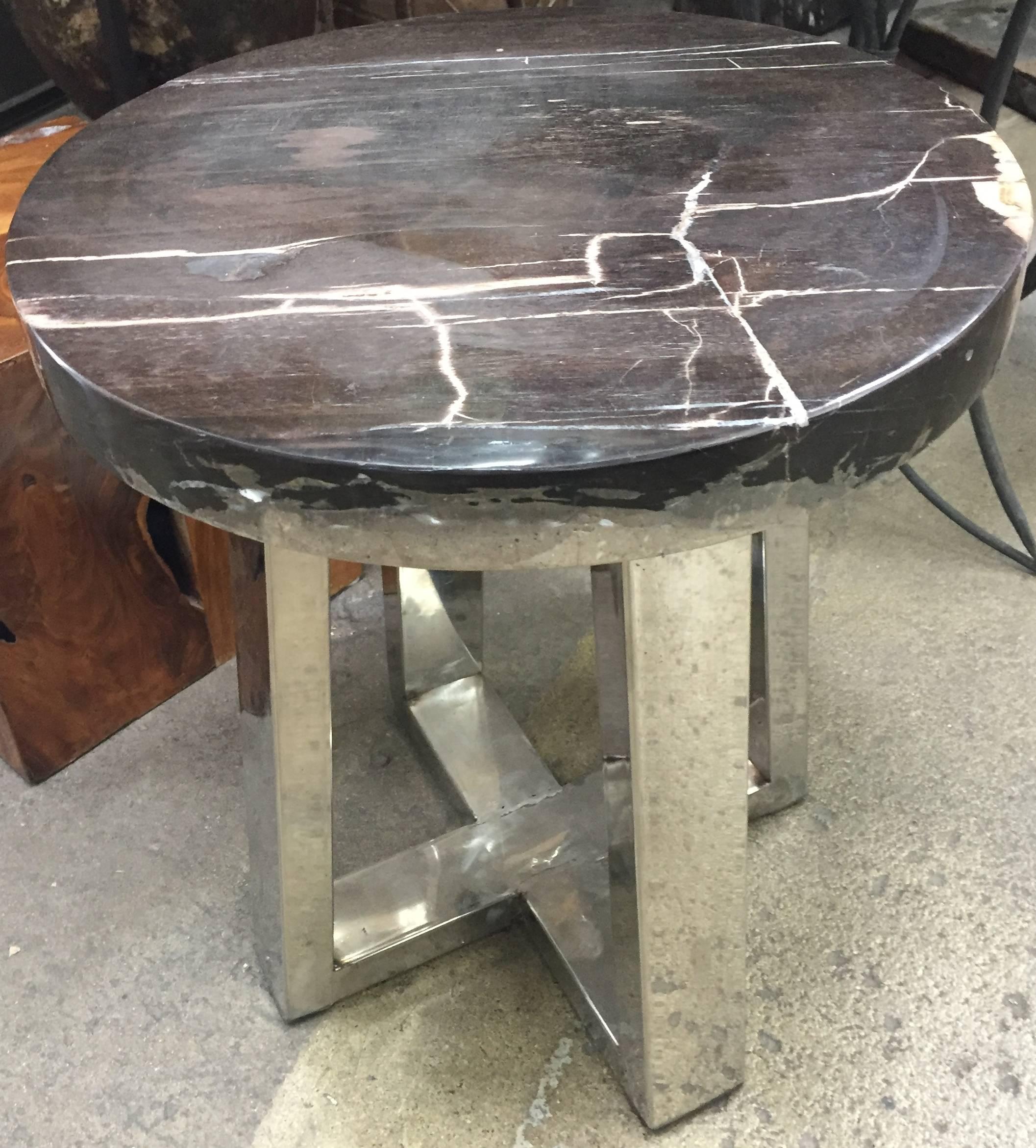 These petrified wood and chrome table come in different slab colors. Please designate preference.