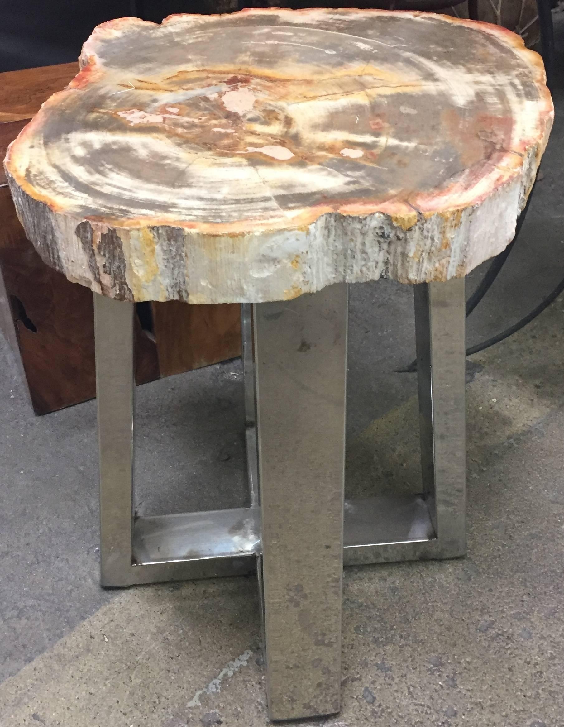 Organic Modern Petrified Wood and Chrome Side Table For Sale