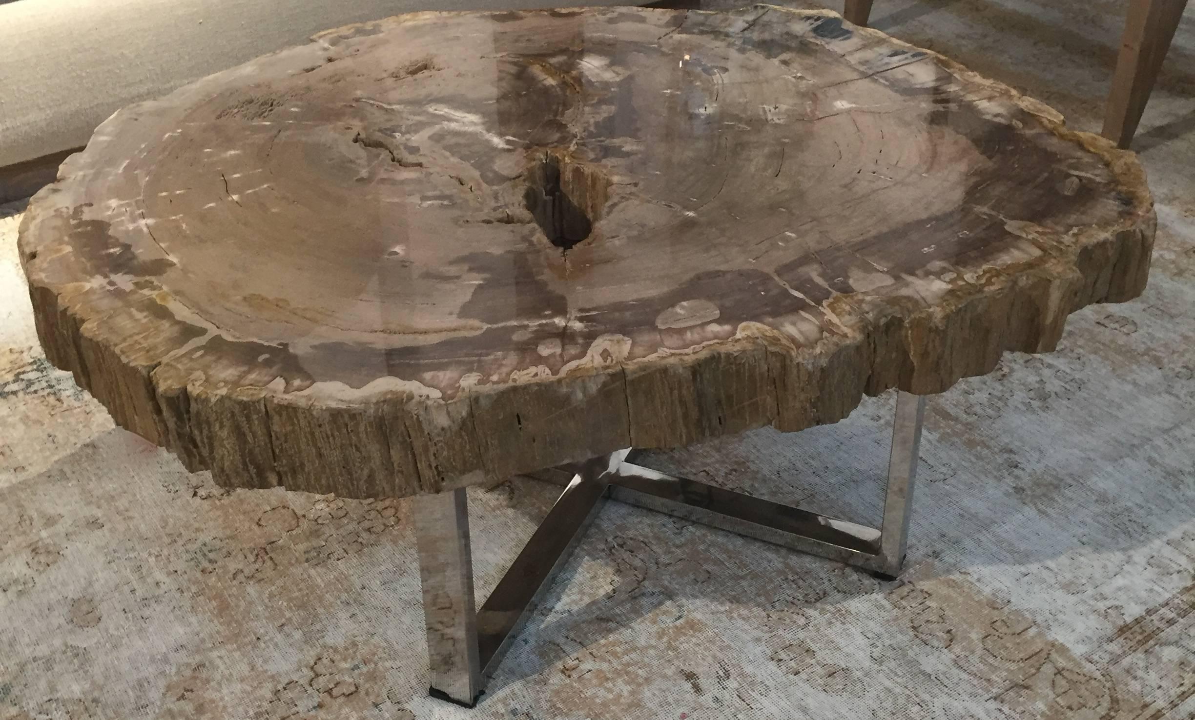 Beautiful slab of petrified wood with a chrome base. Gorgeous large slab. Extremely heavy. Browns and whites.