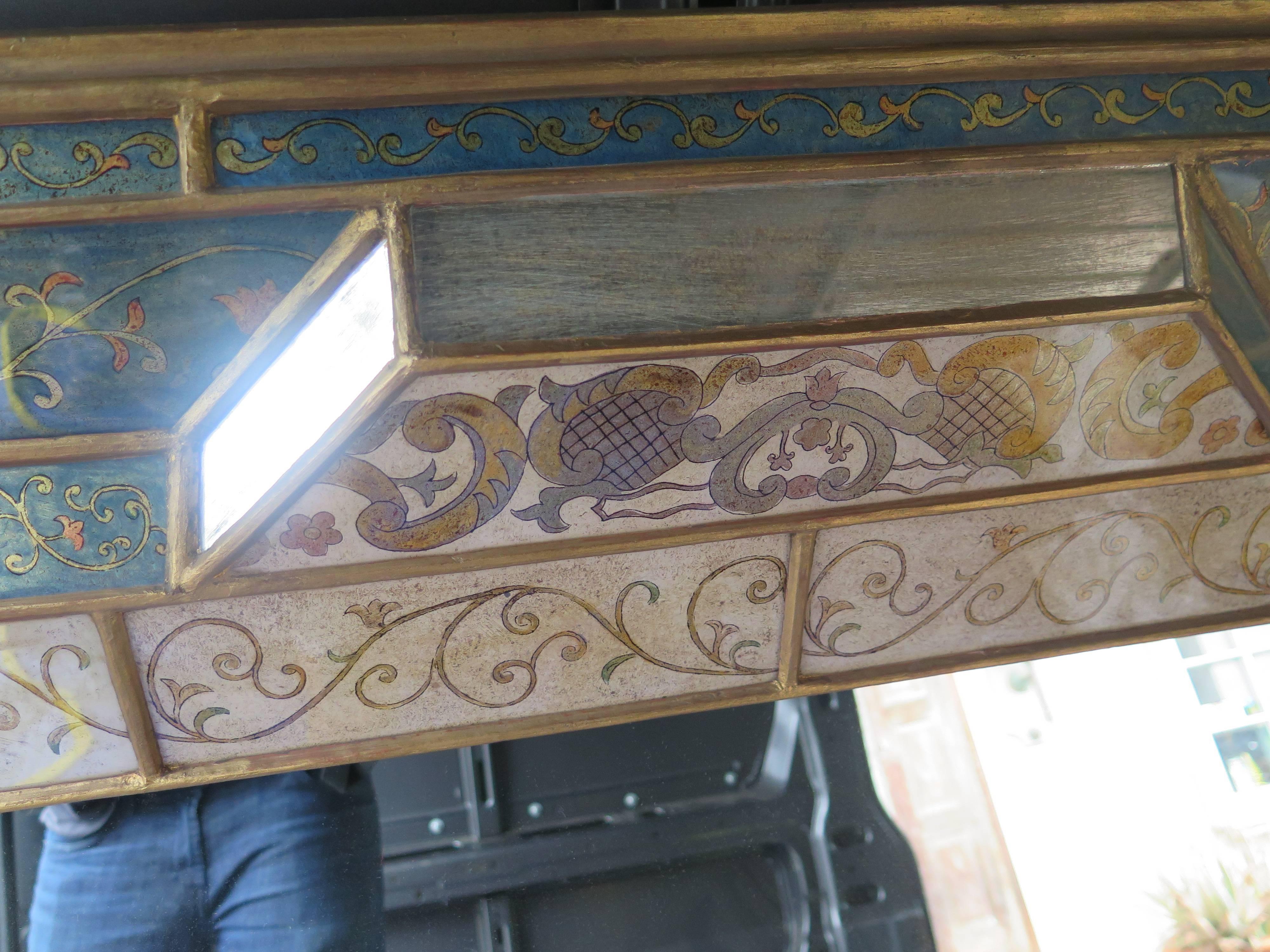 Large painted glass venetian style mirror with gilded edges.