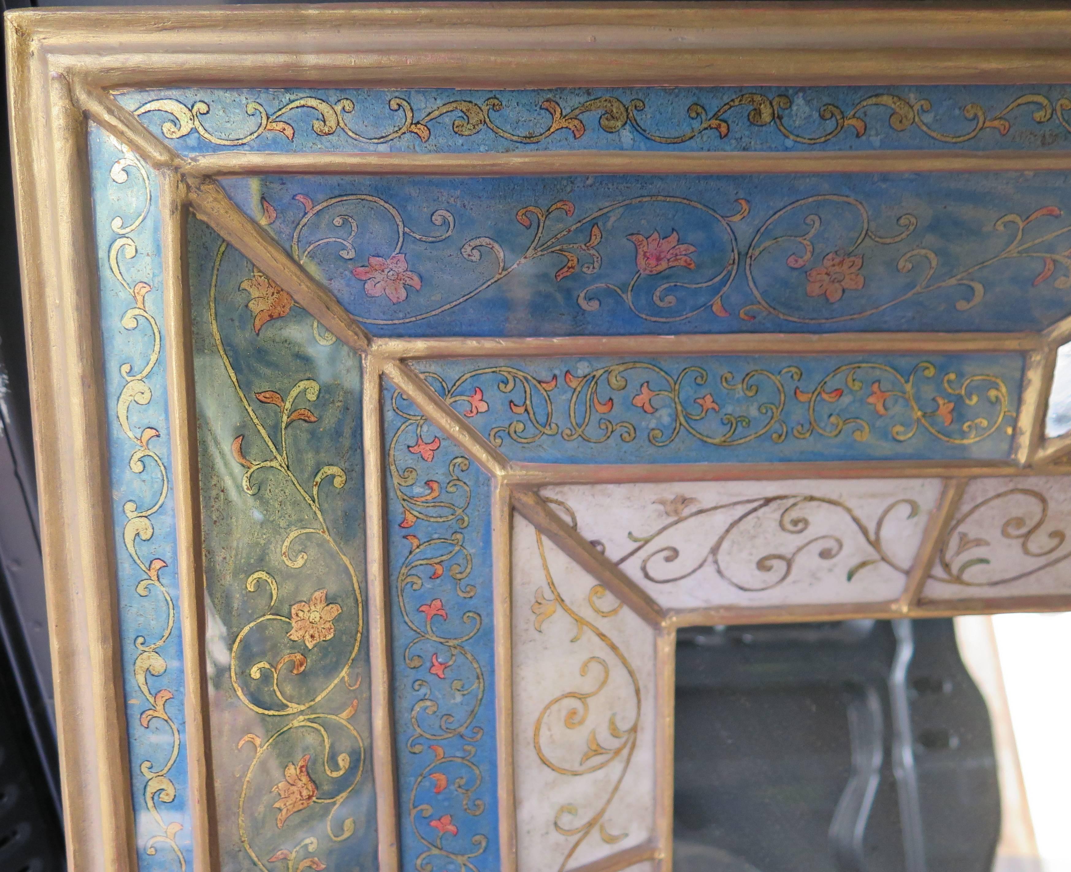 Large Beautiful Painted Glass Venetian Style Mirror In Excellent Condition In Montecito, CA