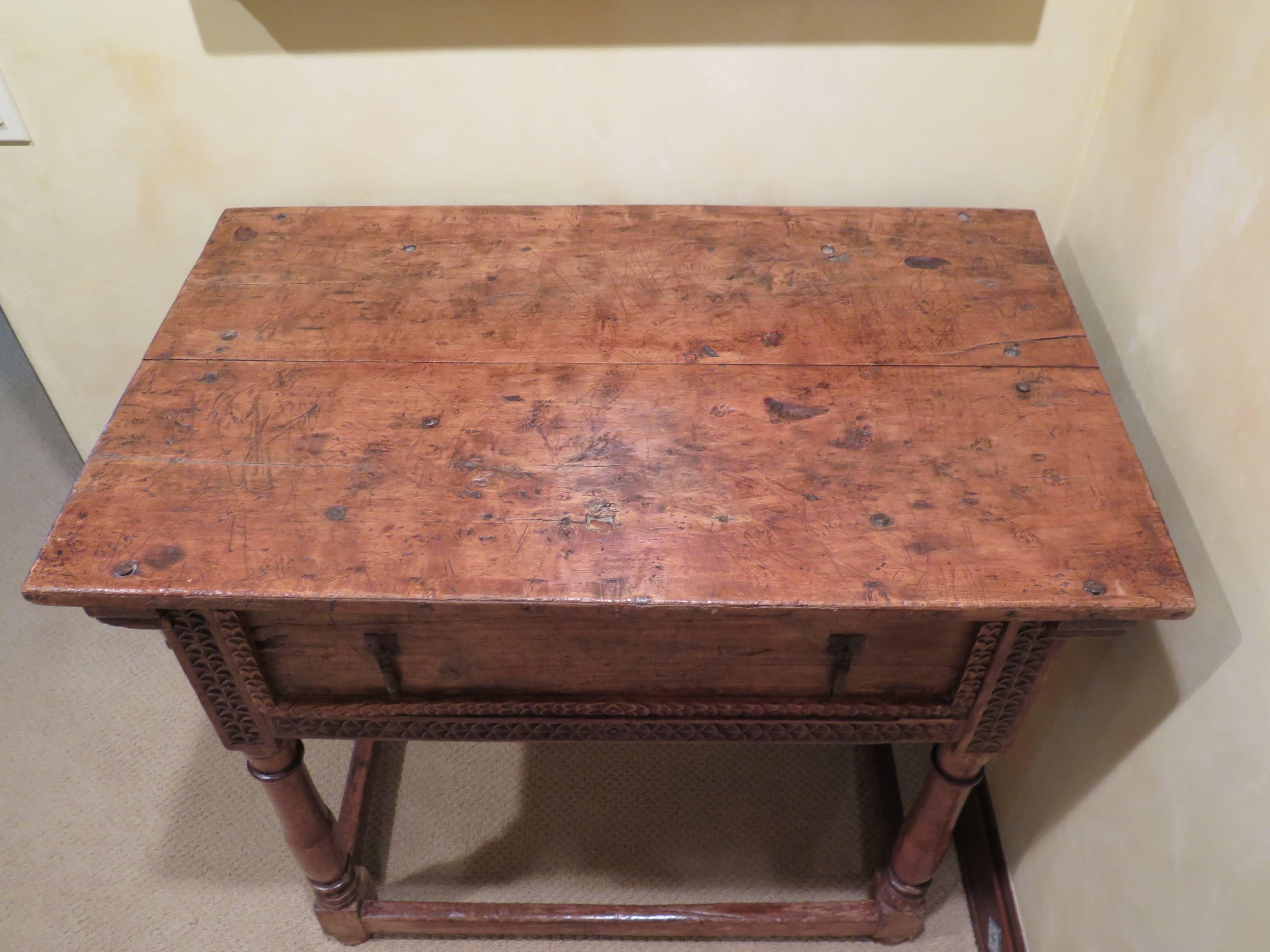 Very fine 18th century Spanish Colonial table from Peru. Hand-carved details. Haskell Antiques. 