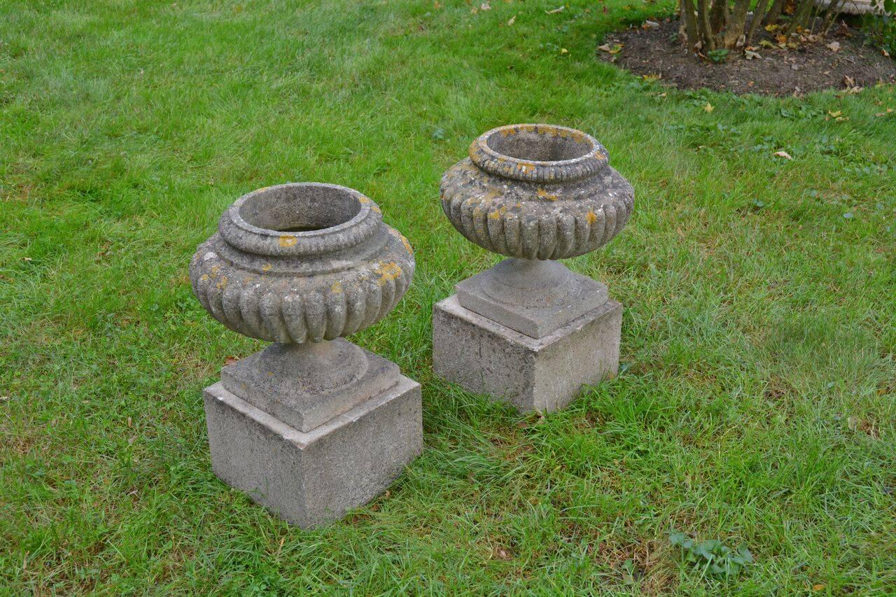 English Stone Urns on Bases In Good Condition In Katonah, NY