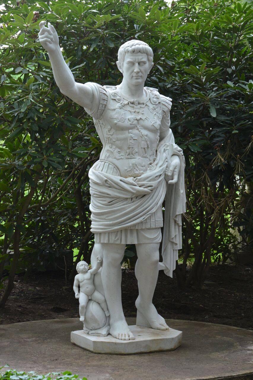 A carved marble figure of Augustus of Prima Porta, after the 1st-century AD Roman original, attributed to J. Chiurazzi & Fils, Italian (Naples), circa. 1900. This identical model, also by Chiurazzi, is displayed in the garden at Ca d'Zan, the John