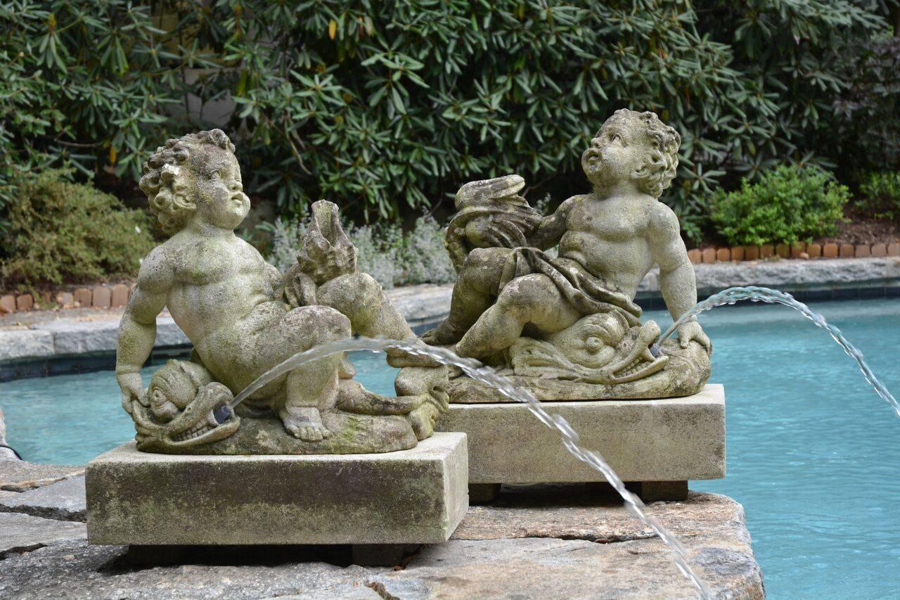 Pair of Carved Cherub Fountains In Good Condition In Katonah, NY