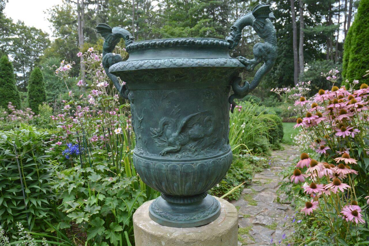 Cast-Iron Urn with Dragon Handles In Good Condition In Katonah, NY