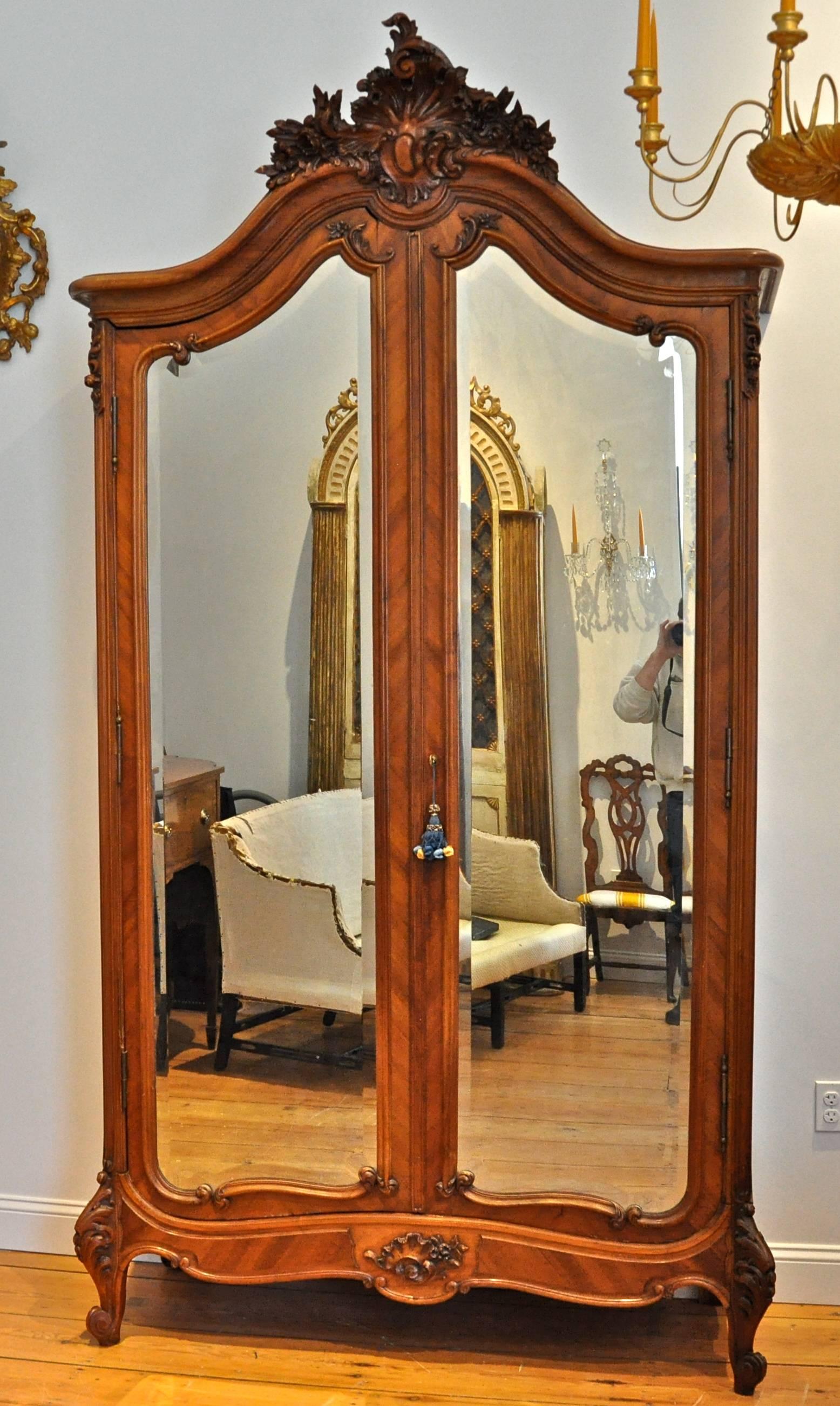 Beveled Late 19th Century French Louis XV Style Mirrored Walnut Armoire