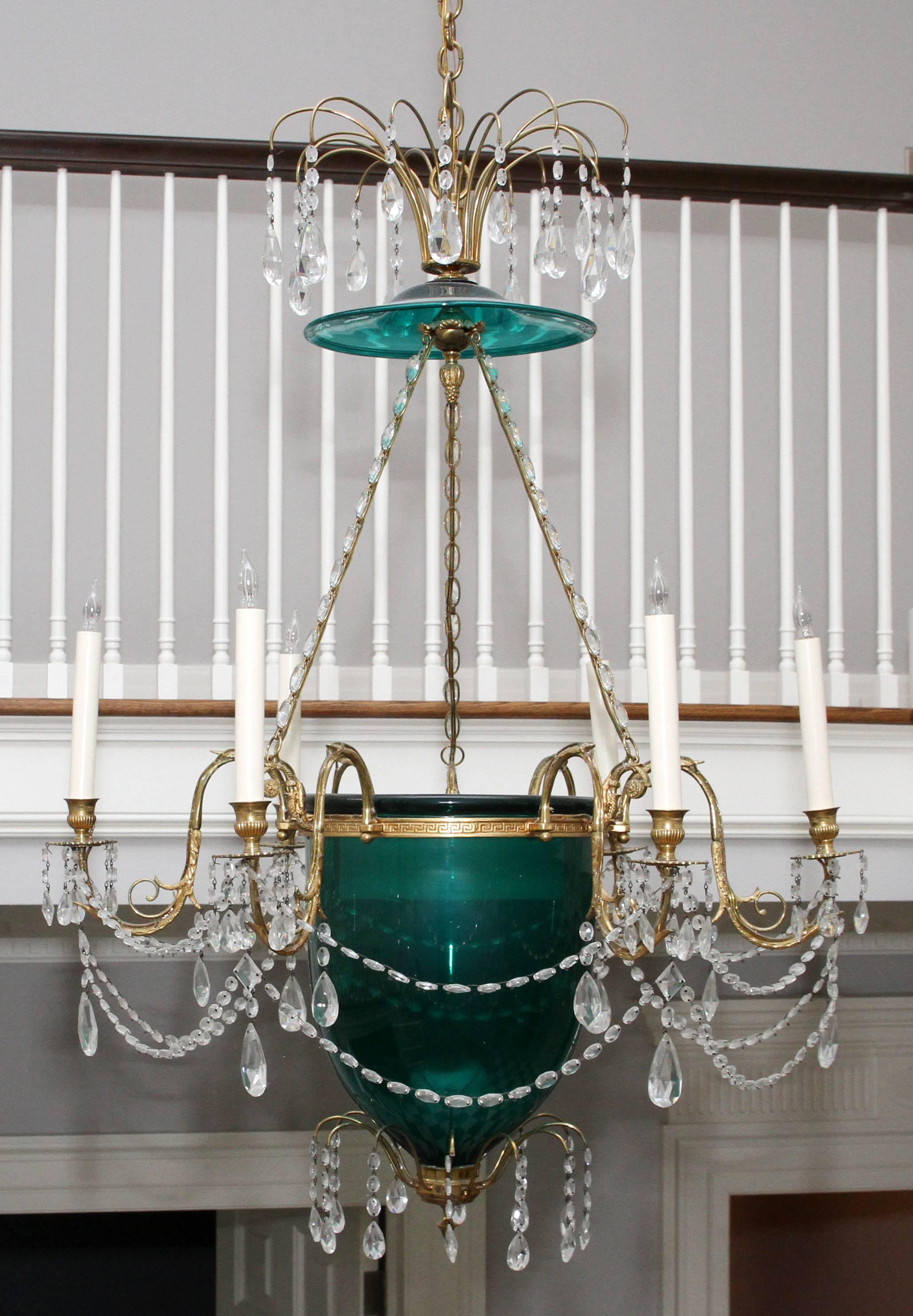 Russian neoclassical style emerald green crystal and bronze six-light bell lantern or chandelier H 44