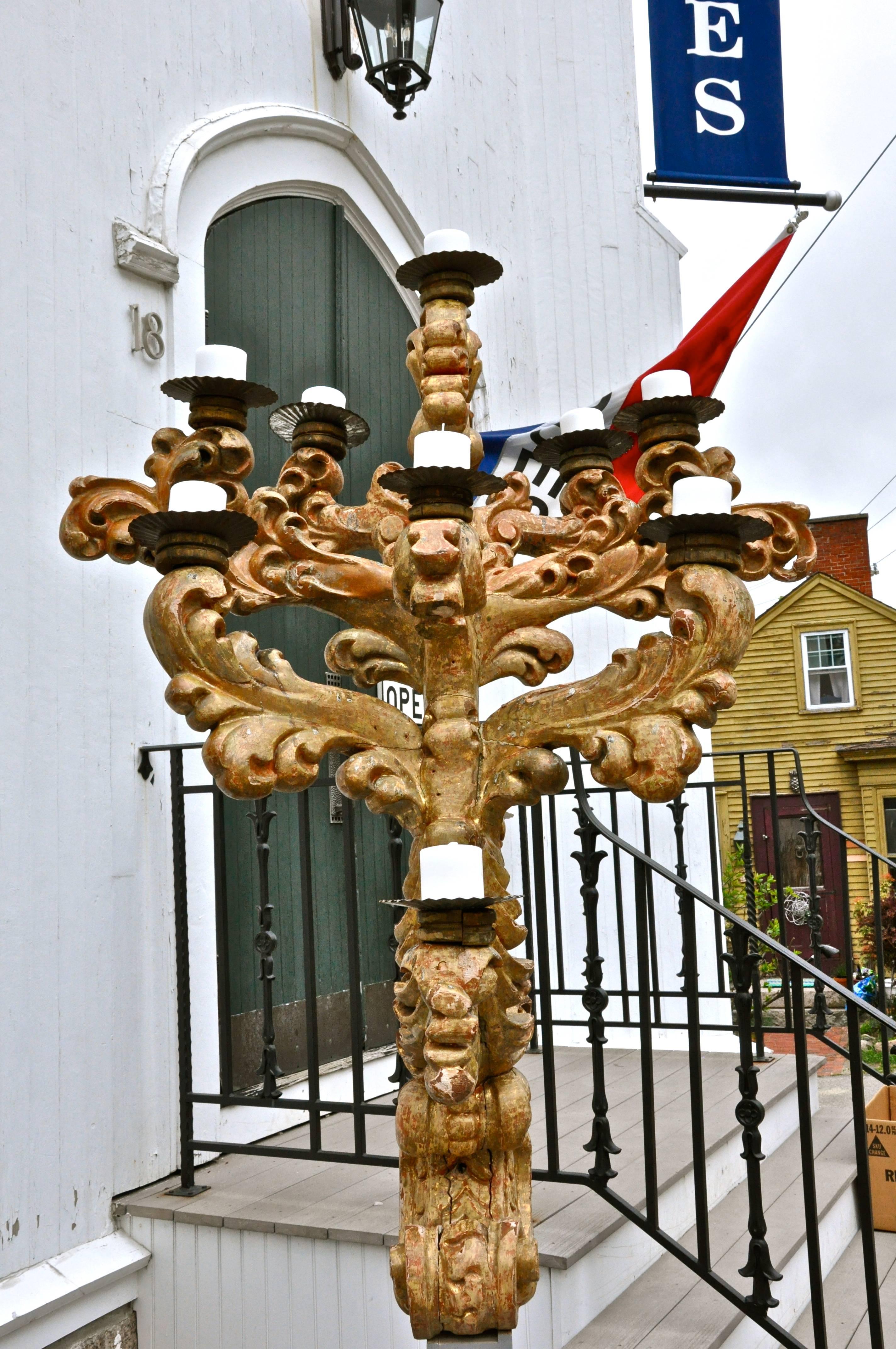 Pair of Monumental 18th Century Italian Giltwood Sconces or Candelabra In Good Condition In Essex, MA