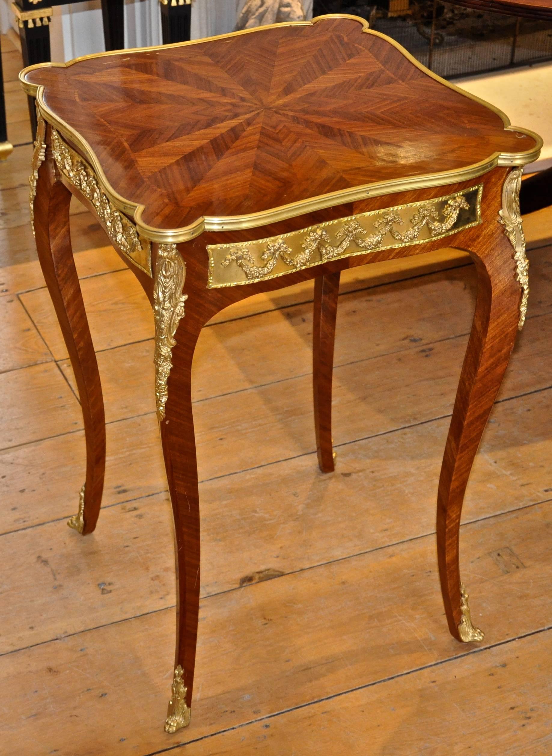 Marquetry Pair of French Louis XV Style Kingwood and Ormolu Side Tables
