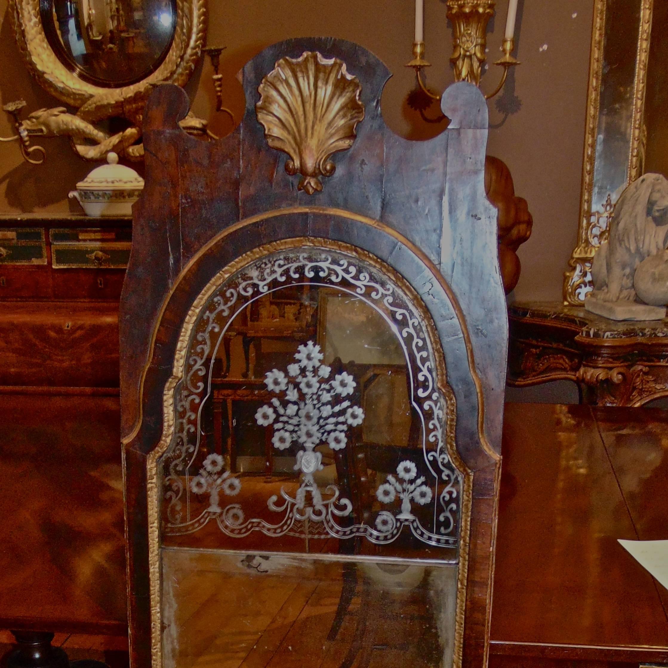 English Pair of Period George II Walnut and Gilt Etched Glass Mirrors