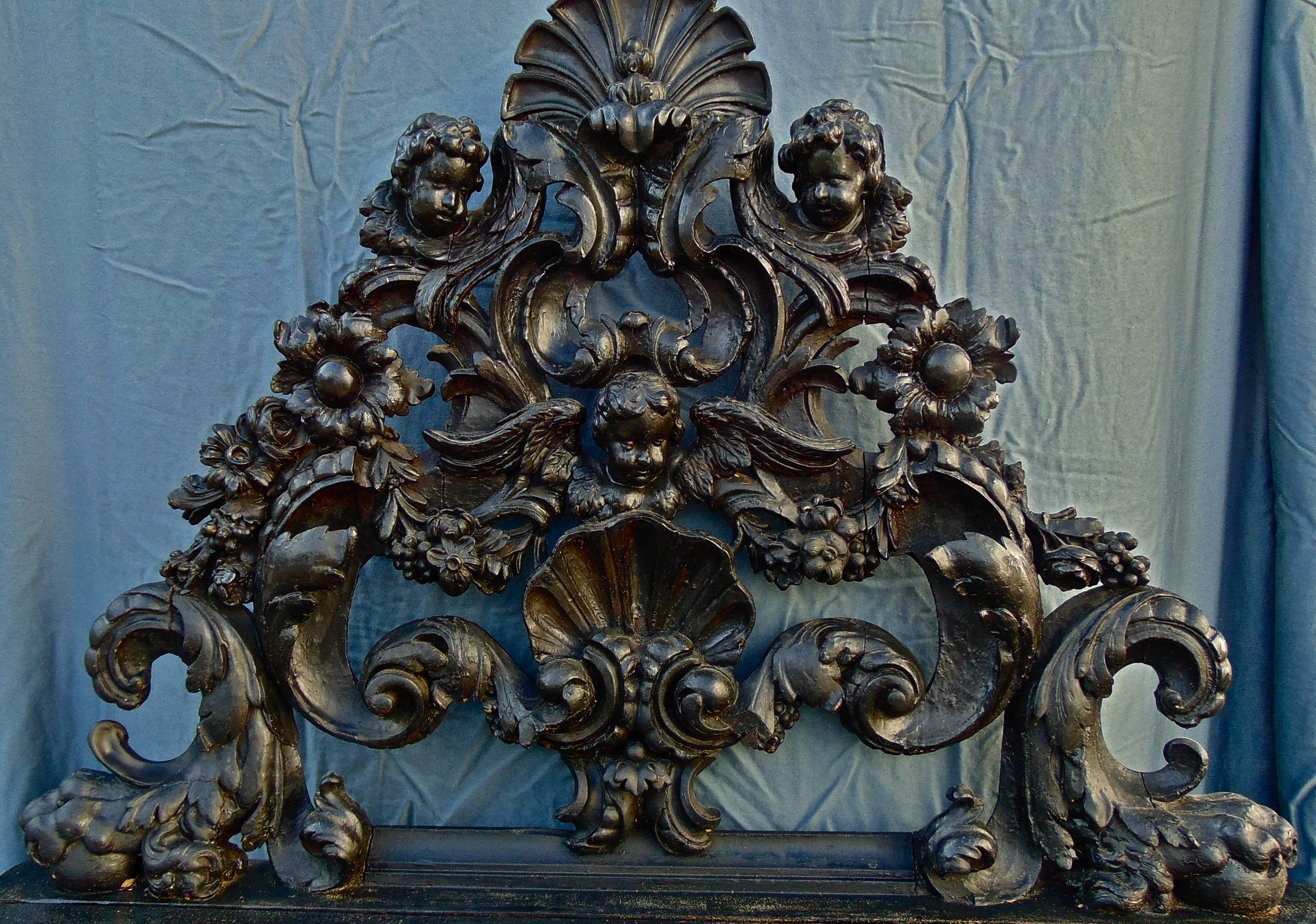 Carved Period Italian Baroque Ebonized Bench For Sale