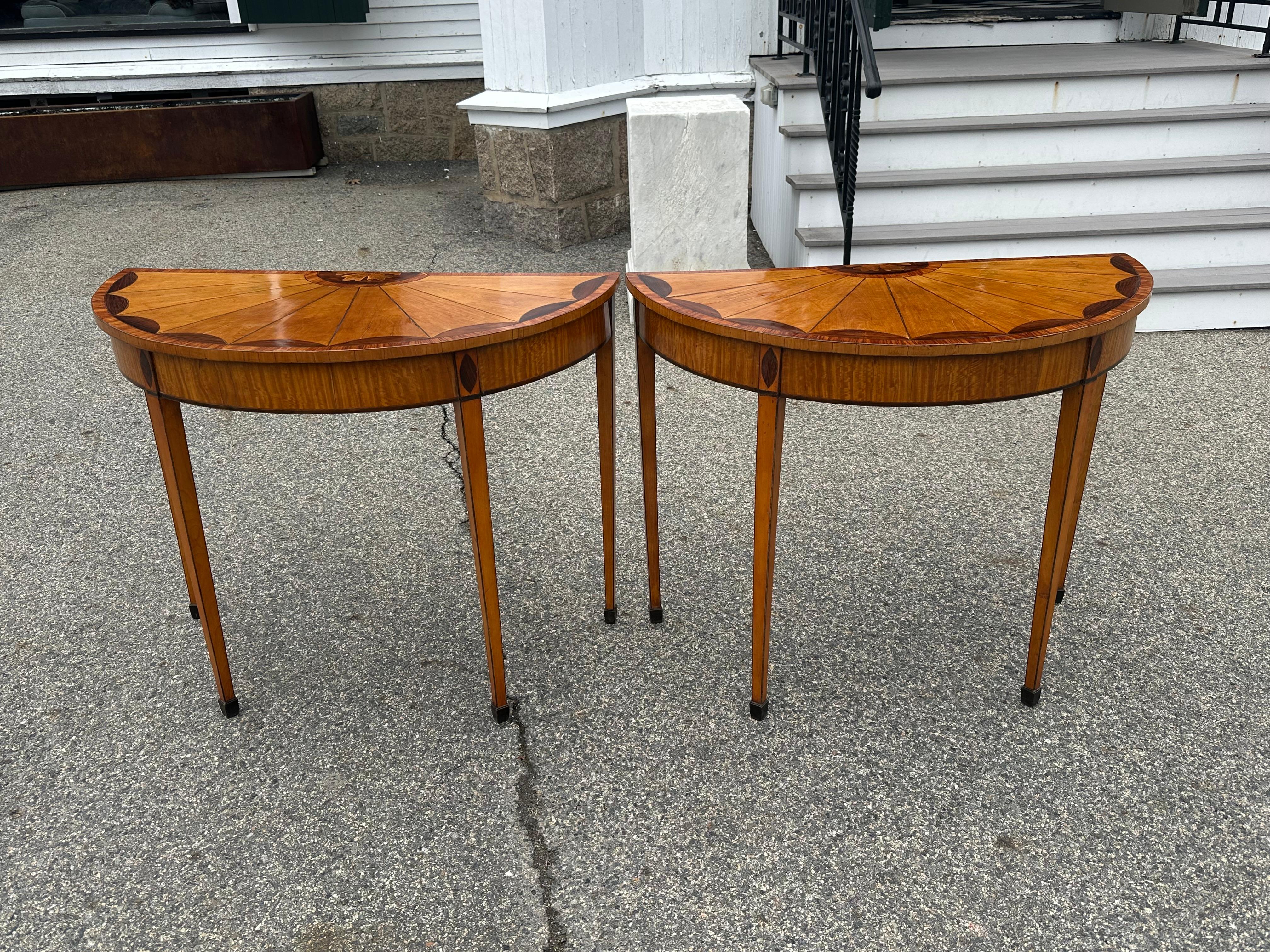 George III Pair of 19th Century English Satinwood Demi-lune Tables For Sale