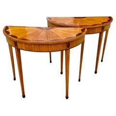 Antique Pair of 19th Century English Satinwood Demi-lune Tables