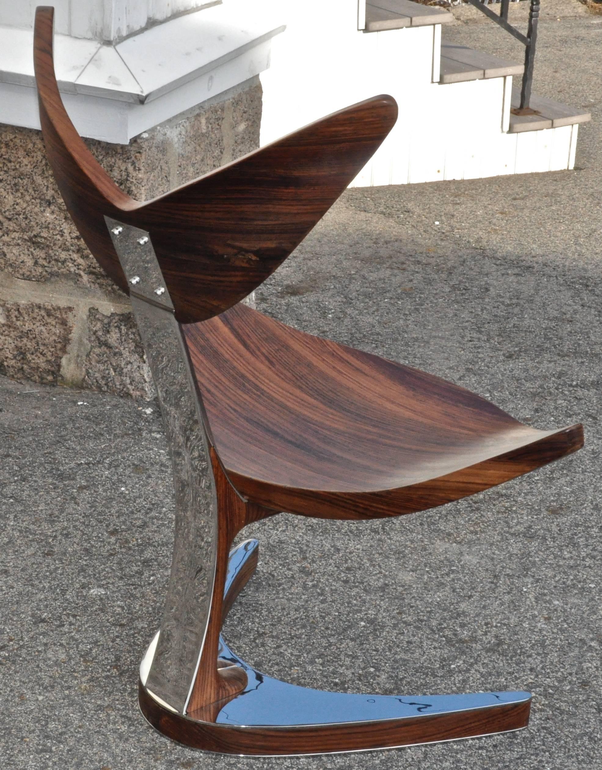Modern Rosewood and Polished Stainless Steel Chair By Bruno Helgen