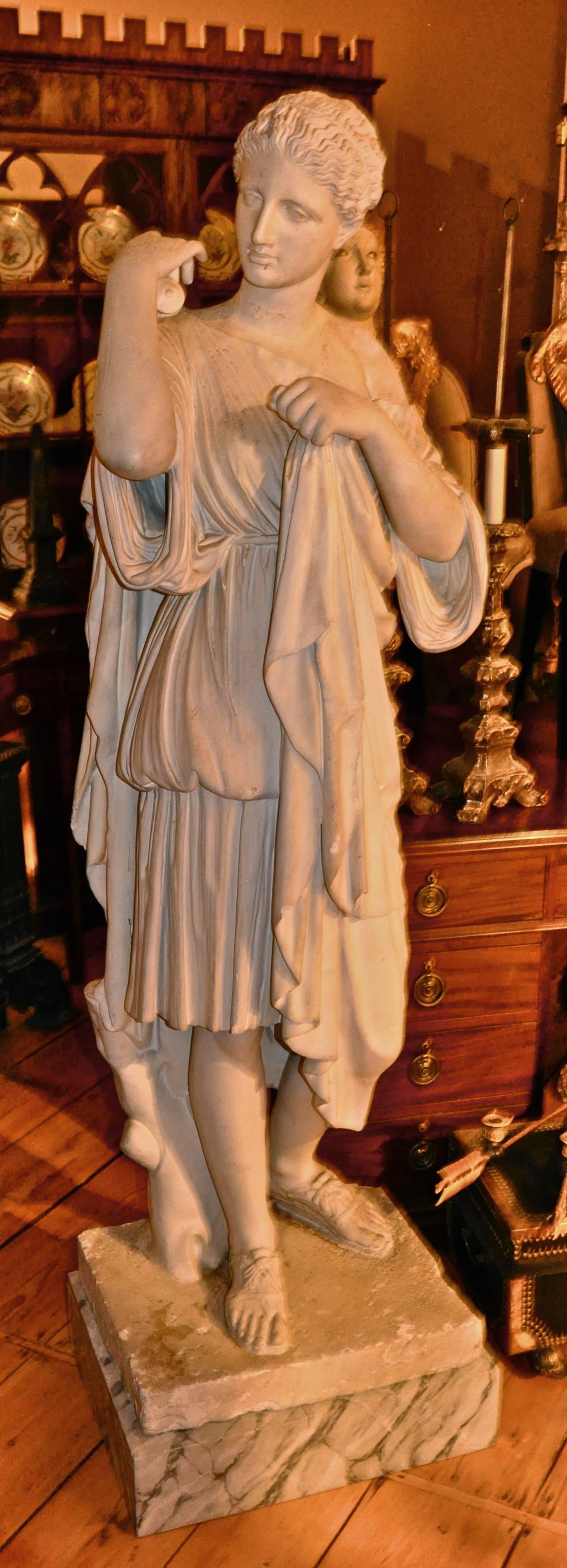 Late 19th century period plaster cast of Diane de Gabies.

Beautifully rendered lifesize cast.
Caproni Brothers, Boston.

The original statue from which this cast was copied was discovered in 1792 by Gavin Hamilton on the property of the Prince