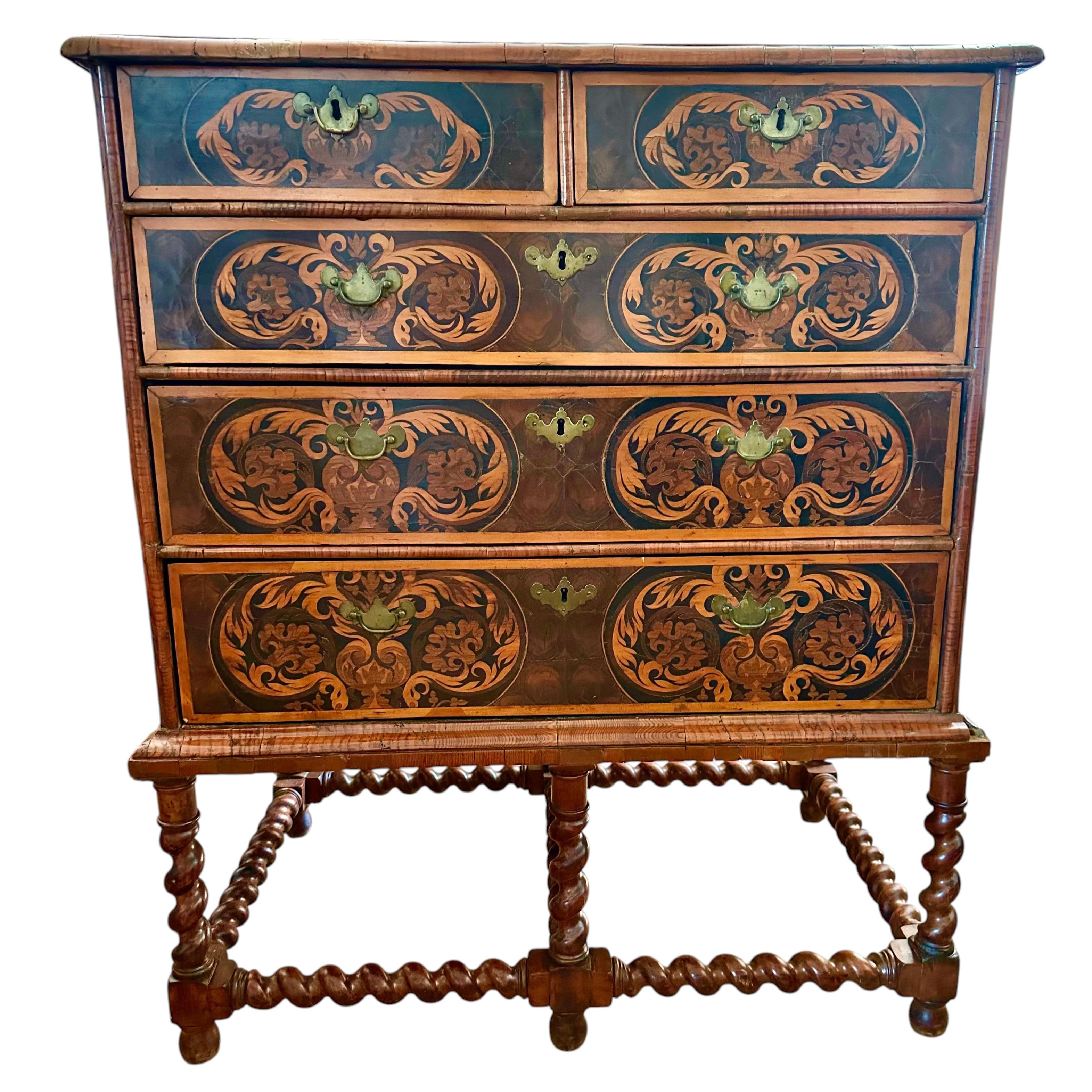 17th Century William and Mary Oyster Walnut and Seaweed Marquetry Chest on Stand For Sale