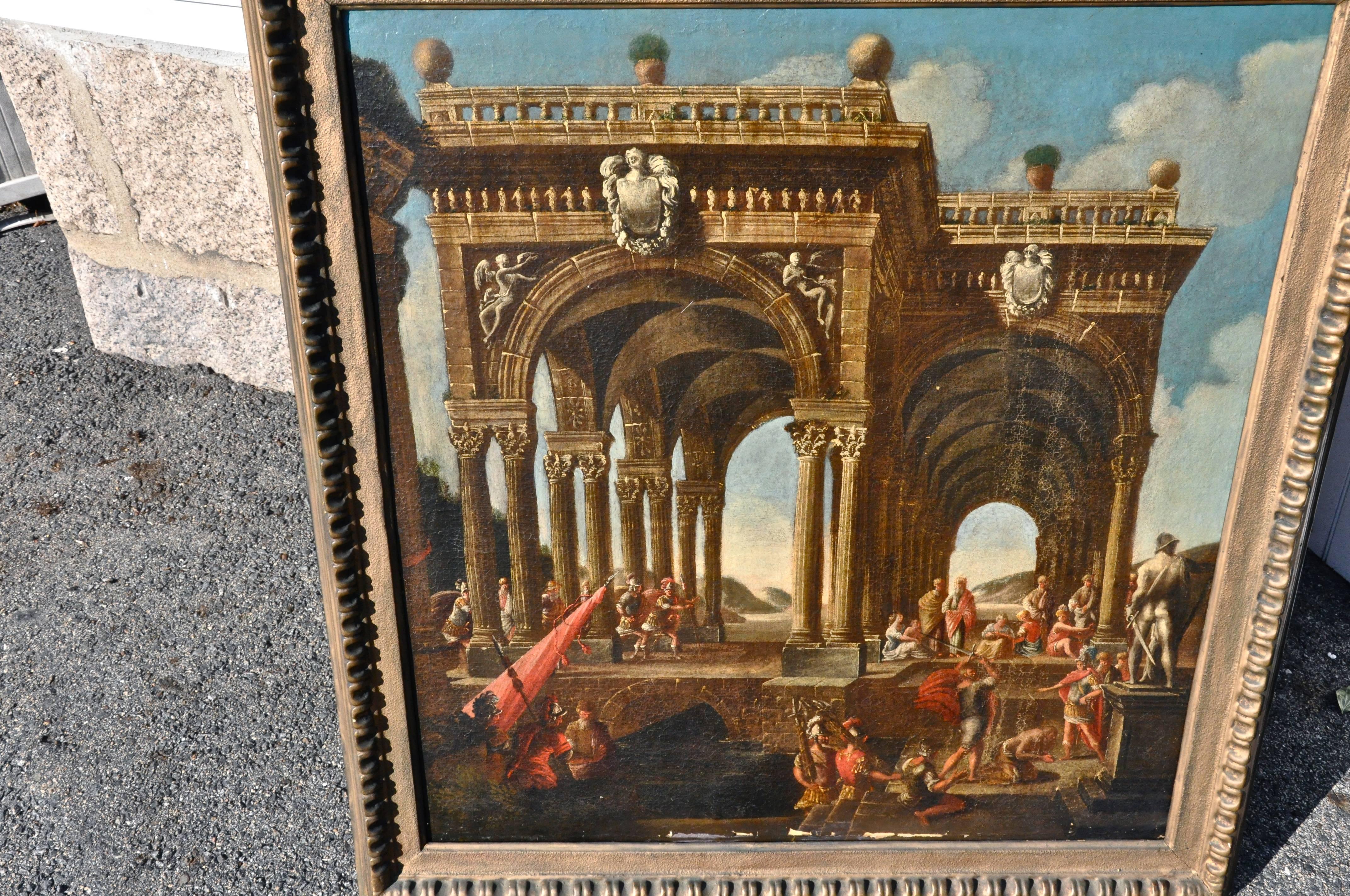 Mid-18th century oil on canvas of figures in Roman architecture.

Capriccio Ruins with vaulted arches.
Roman military figures and classical marble statue in foreground. 
Colors vibrant.
Most certainly of the school of Northern Italian painters