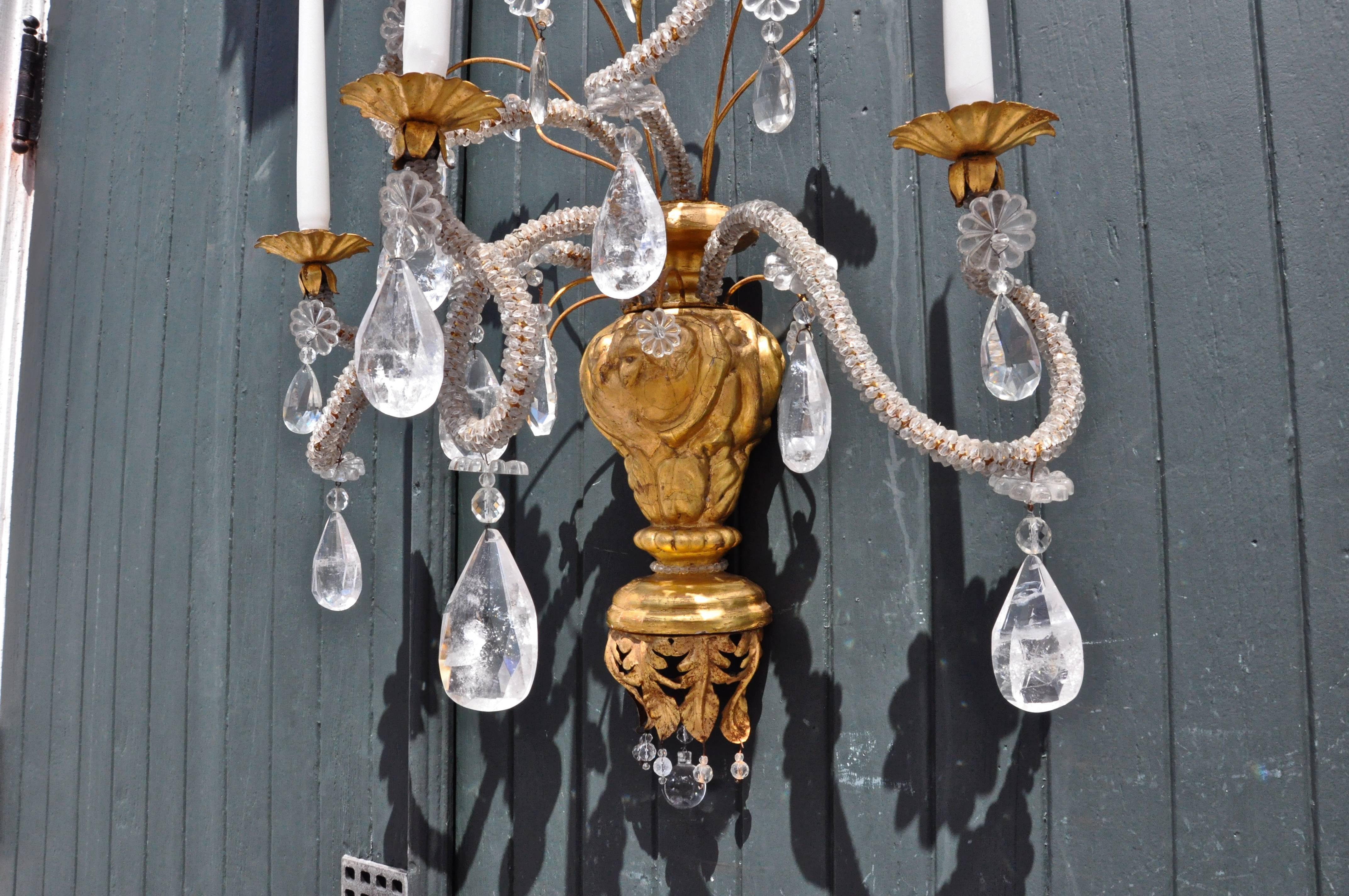 Neoclassical Pair of Early 19th Century Italian Giltwood and Rock Crystal Wall Sconces