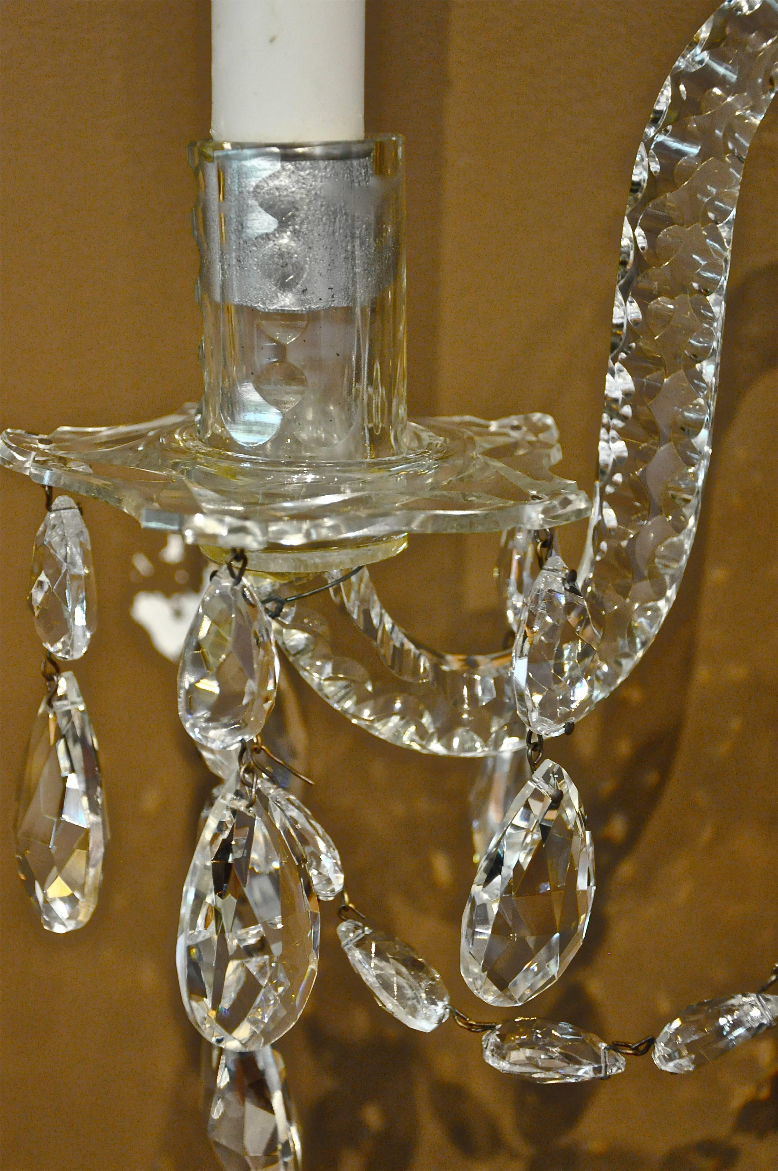 Pair of Irish Georgian Crystal Wall Sconces In Excellent Condition In Essex, MA