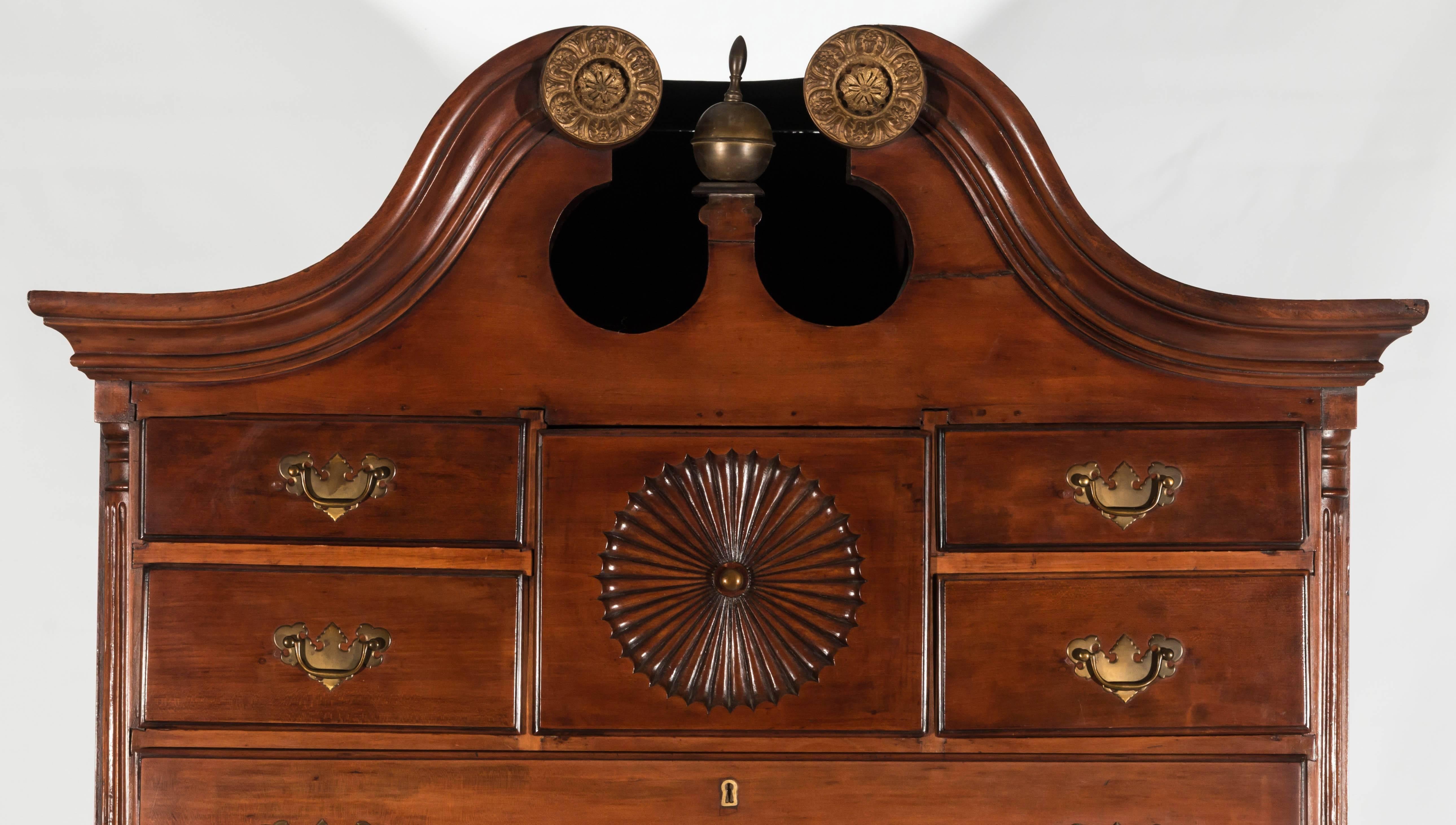 American 18th Century Massachusetts Cherry Chippendale Chest on Chest For Sale