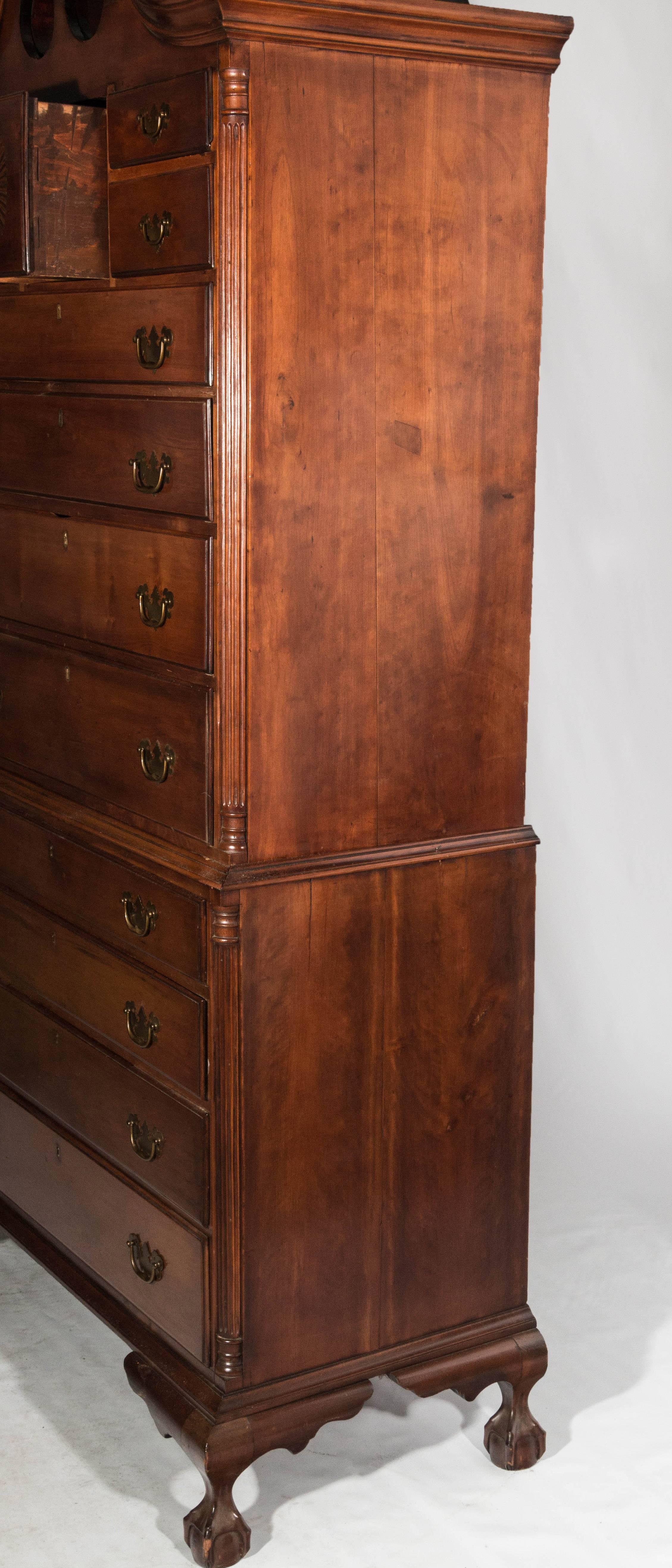 18th Century Massachusetts Cherry Chippendale Chest on Chest For Sale 2