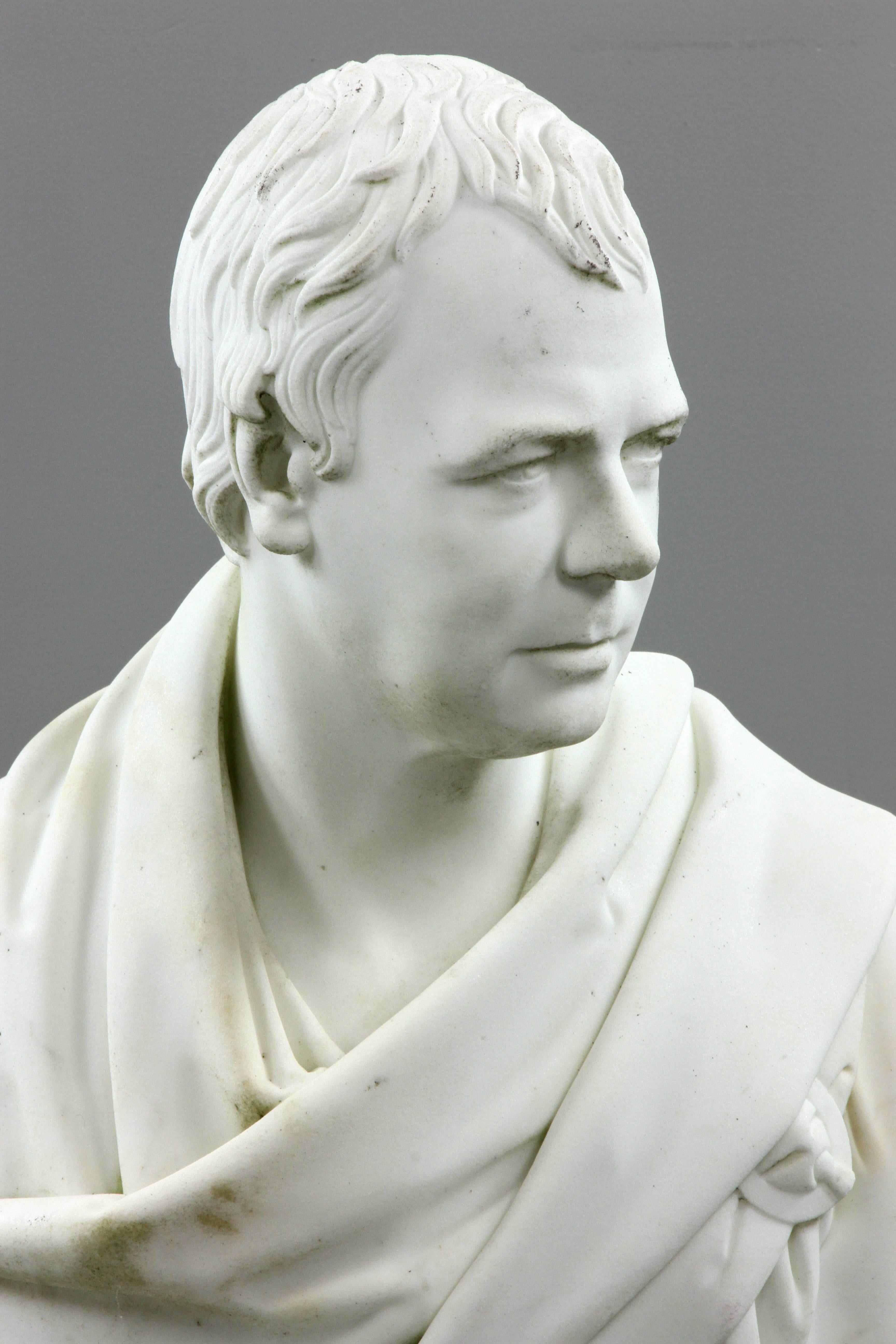 Early 19th century carved marble bust of Sir Walter Scott.

Beautifully depicted wearing tartan and on a period neoclassical socle.
Large-scale and heroic.
Most likely studio of Francis Leggatt Chantrey. 
Sir Francis Chantrey's 1820 bust of Sir