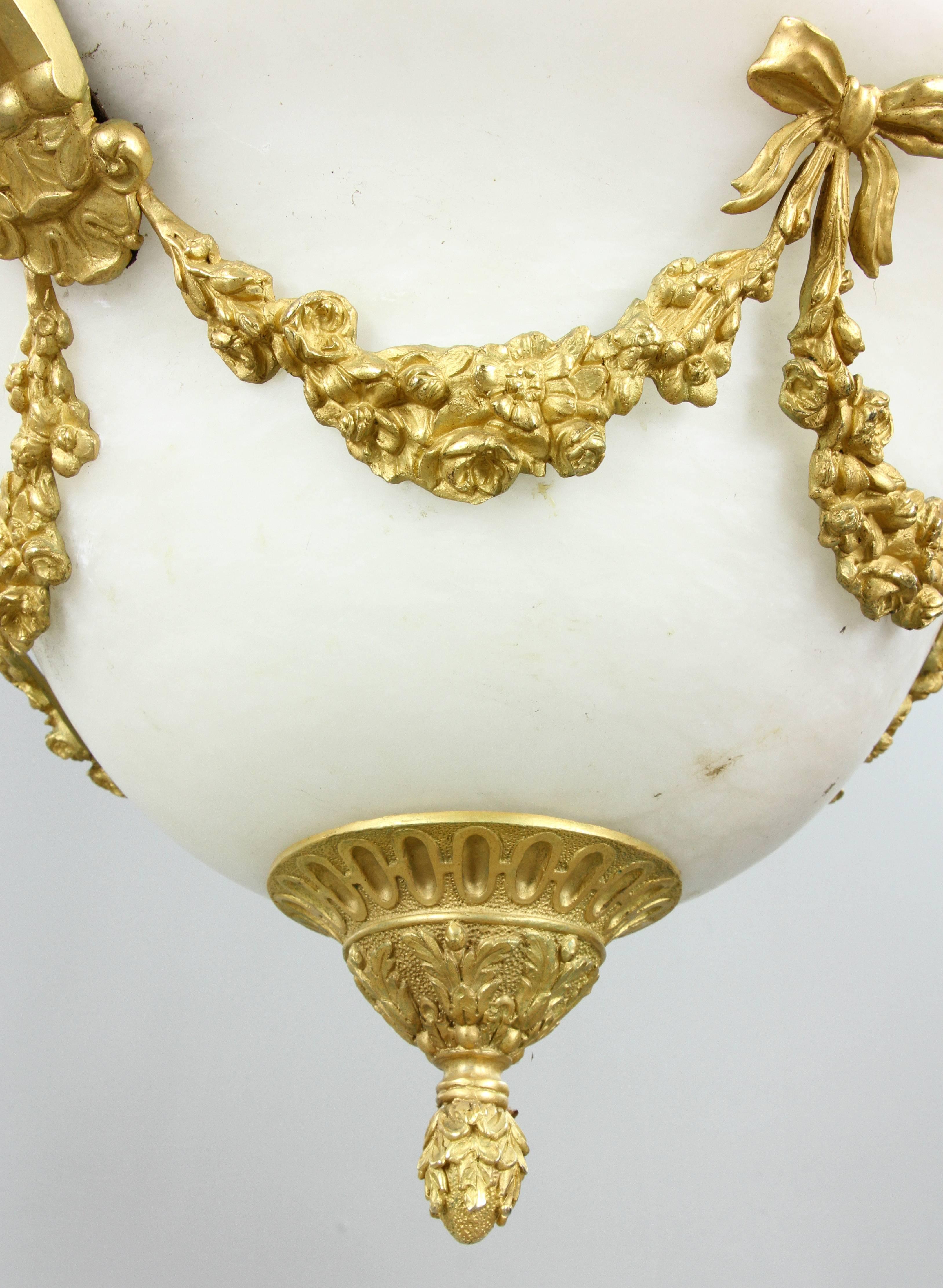 Pair of 19th Century French Gilt Bronze and Marble Louis XVI Chandeliers 1