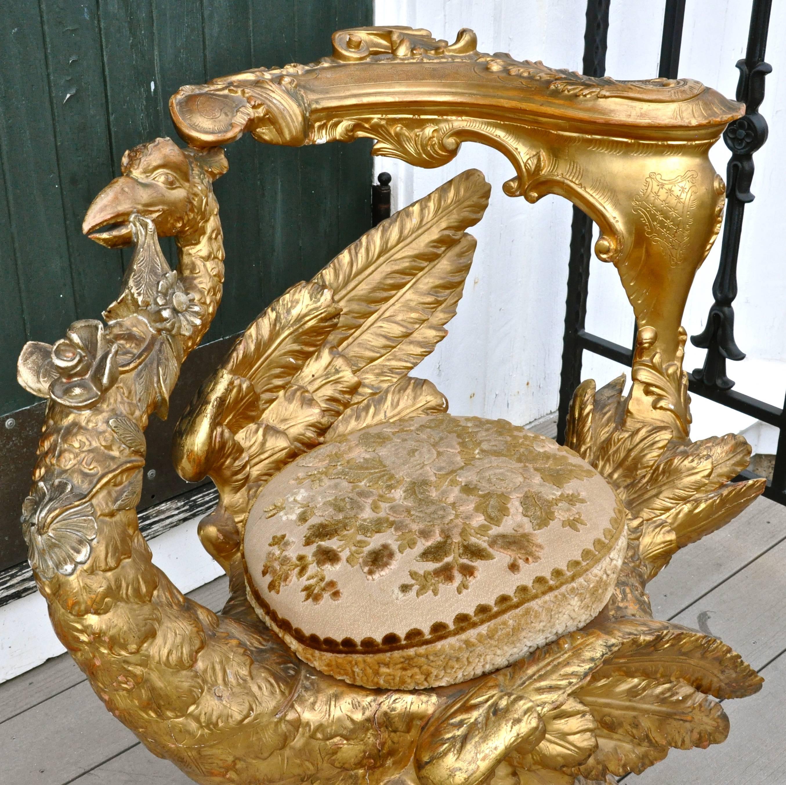 Rococo 19th Century Venetian Gilt Swan Grotto Chair