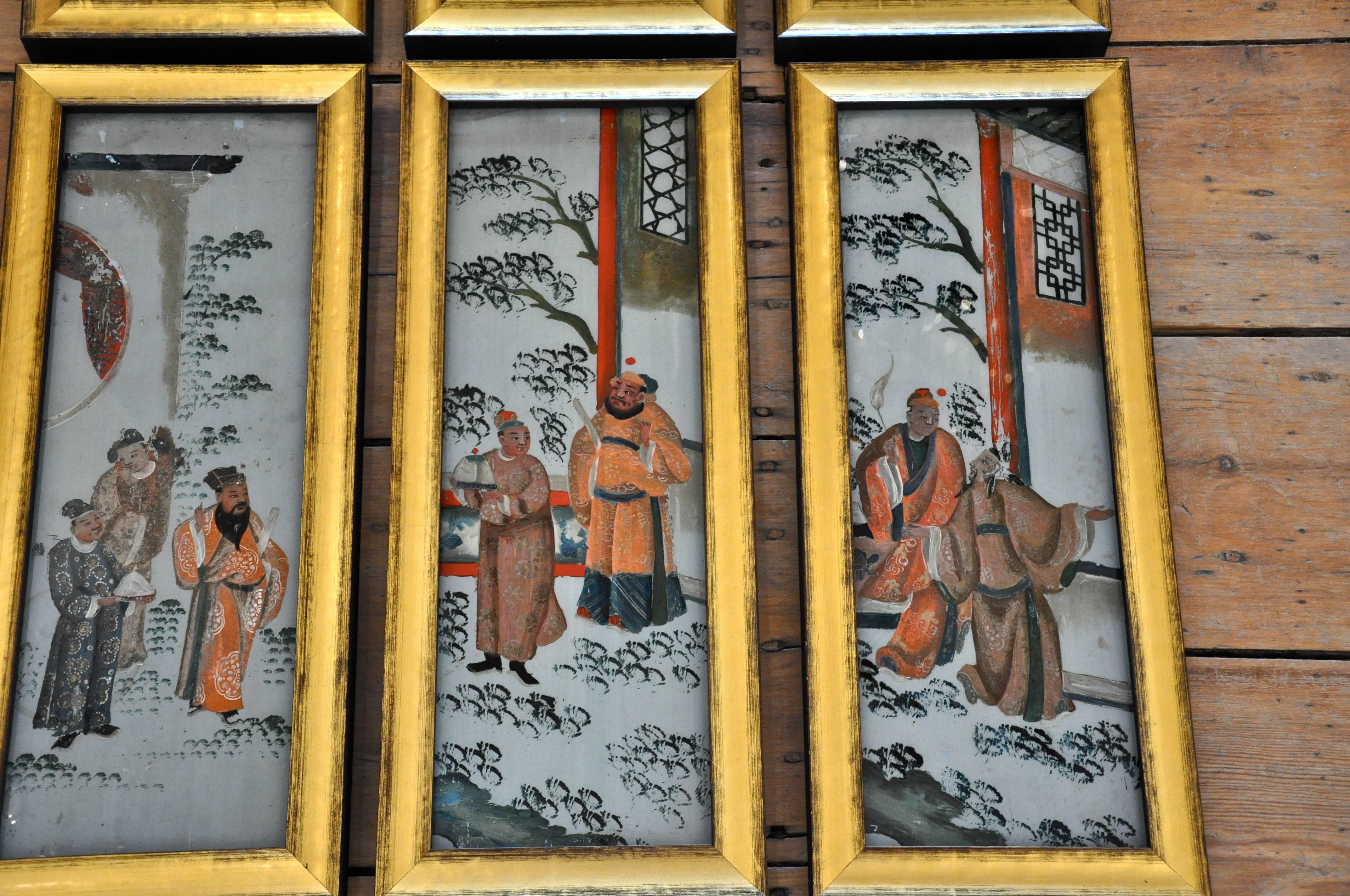 Set of six Chinese reverse painting on glass from the Early 20th century.

Showing Chinese court life.
Wonderful hand work, slightly naive.
Beautiful salmon and teal colors.
Mounted in custom gilt frames.